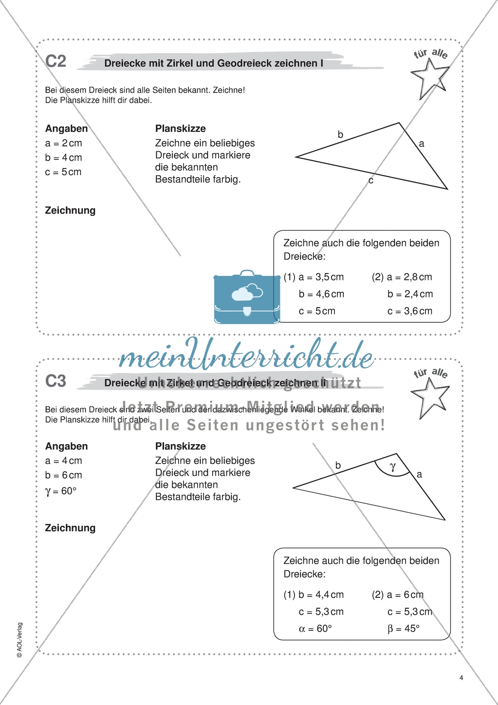 Aufgaben für eine Freiarbeit zum Thema: Geometrische Flächen - Dreiecke mit Zirkel und Geodreieck zeichnen. Preview 1