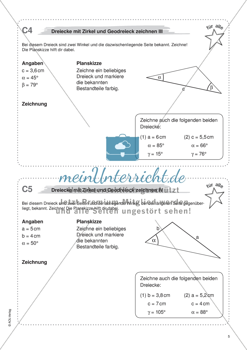 Aufgaben für eine Freiarbeit zum Thema: Geometrische Flächen - Dreiecke mit Zirkel und Geodreieck zeichnen. Preview 2