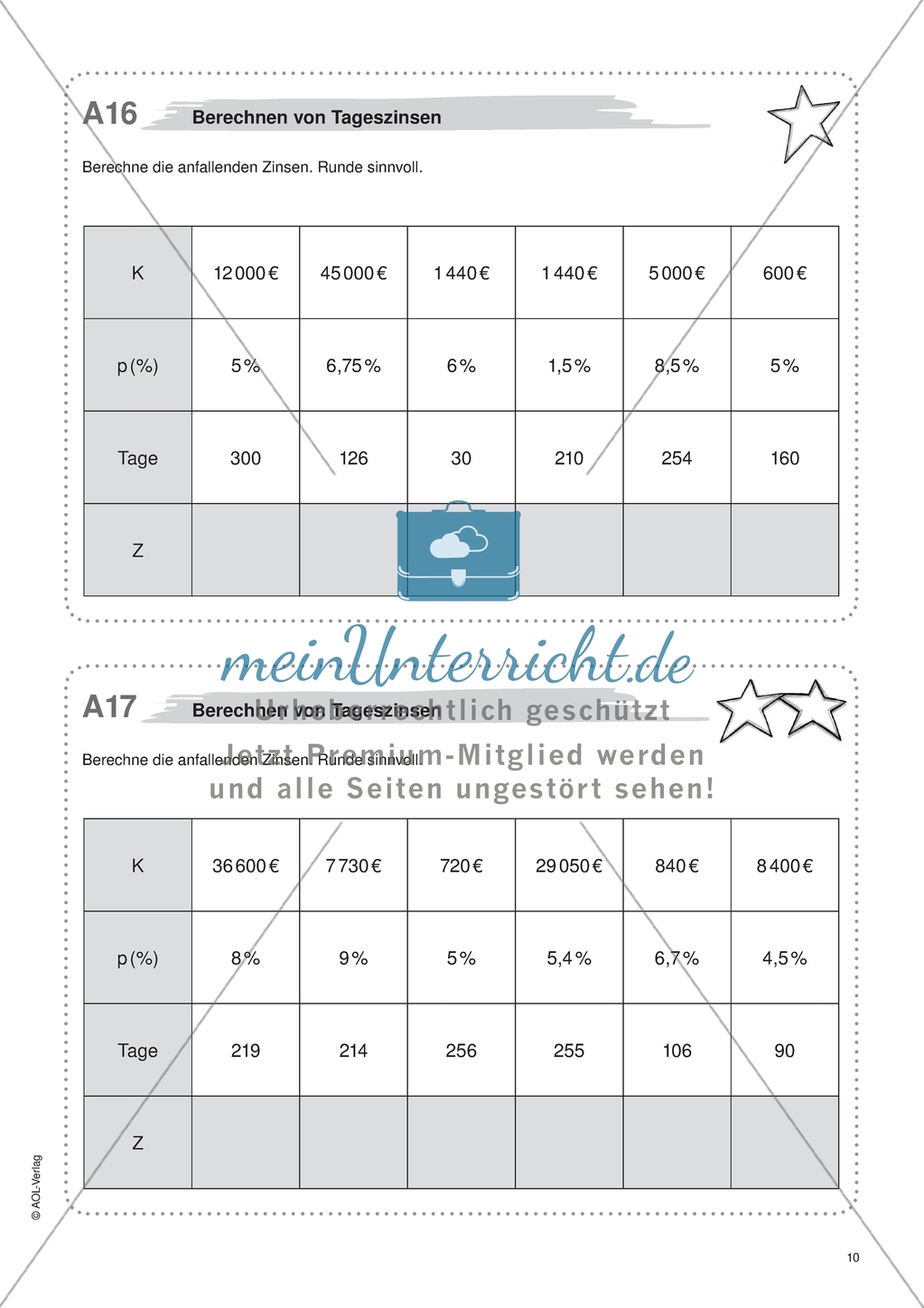 Freiarbeit zum Thema: Prozent- und Zinsrechnen - Berechnen von Tageszinsen. Preview 1