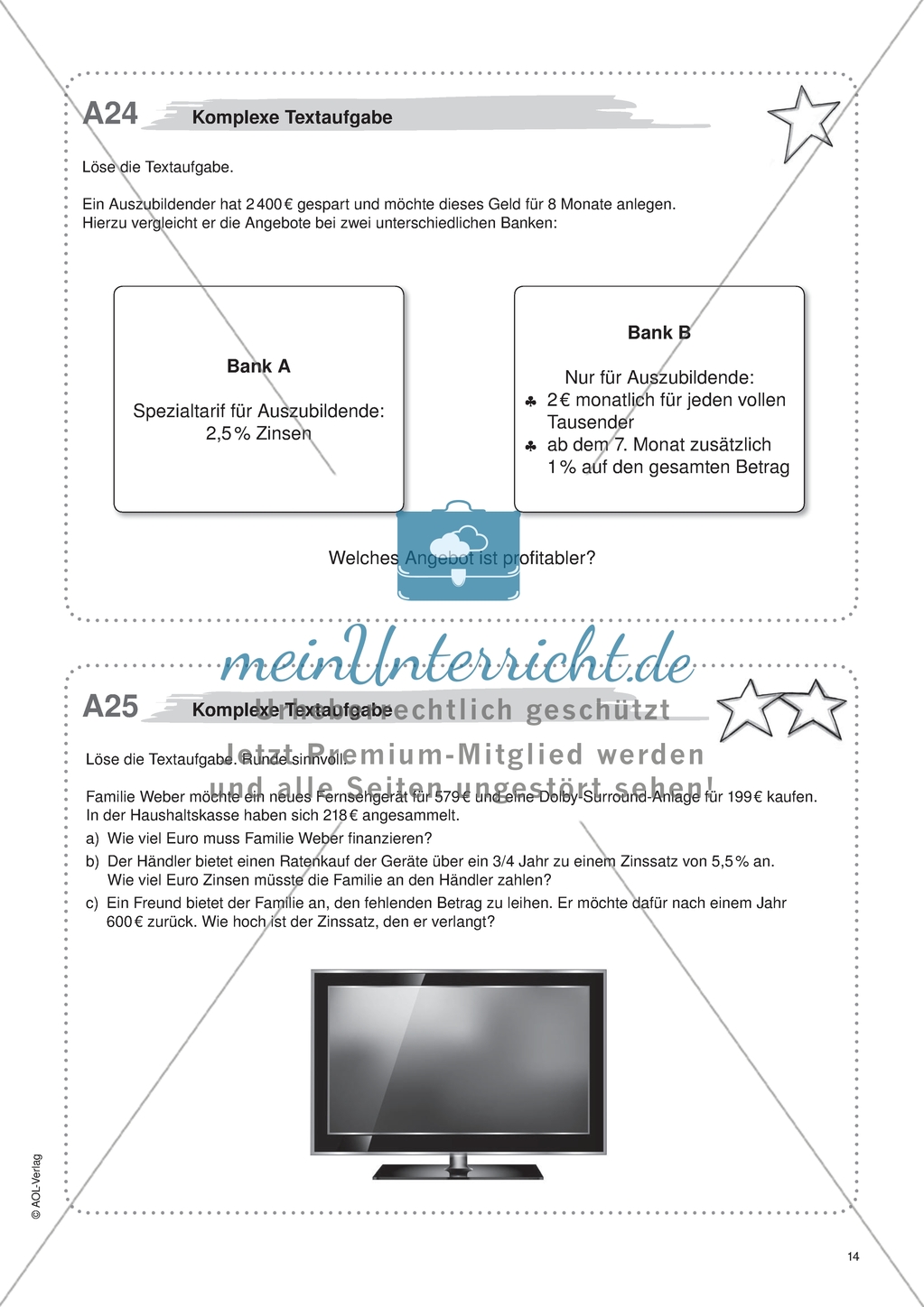 Freiarbeit zum Thema: Prozent- und Zinsrechnen - Komplexe Textaufgaben. Preview 1