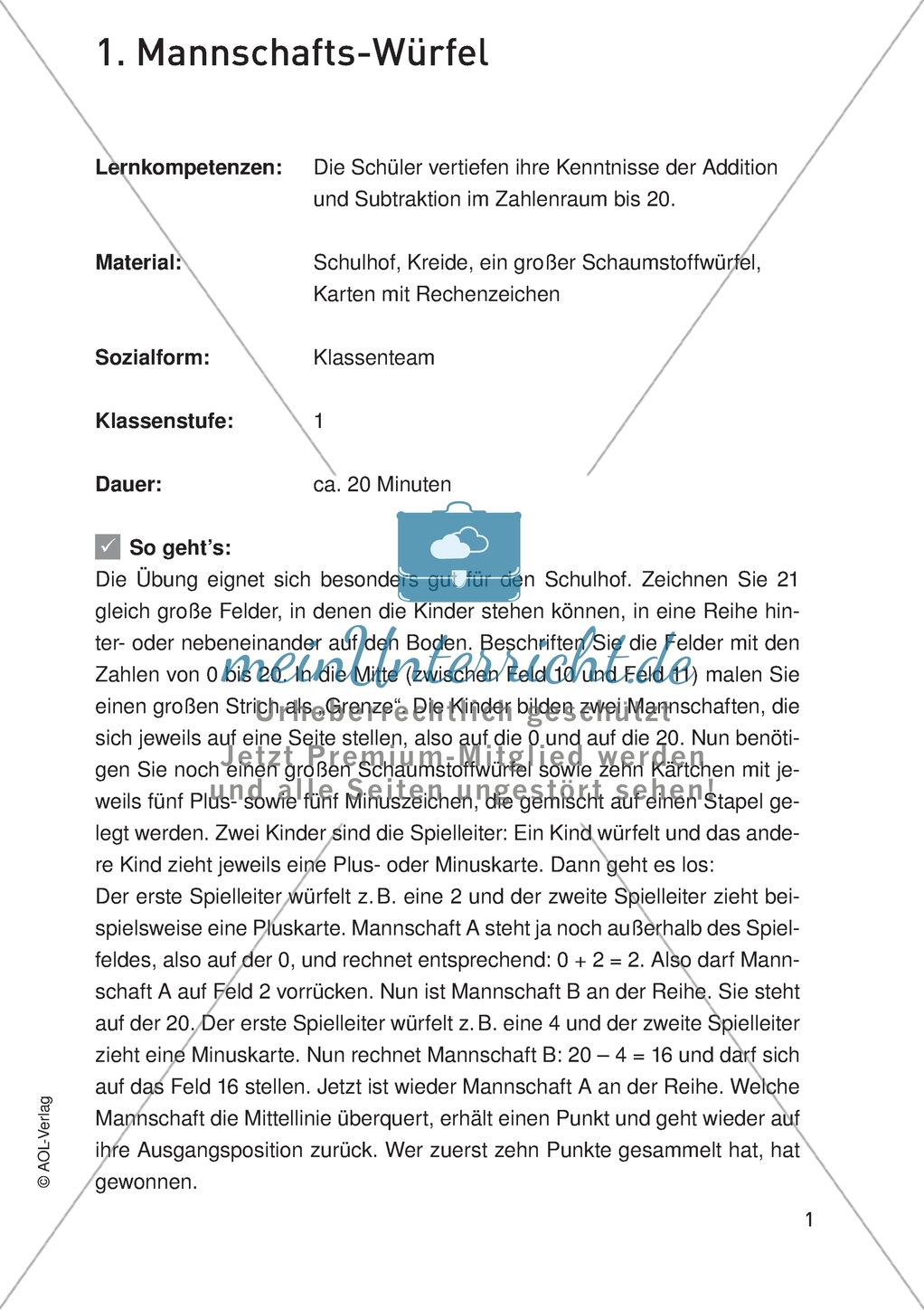 Bewegter Mathematikunterricht - Spielerisch Kenntnisse der Addition und Subtraktion verbessern. Preview 1