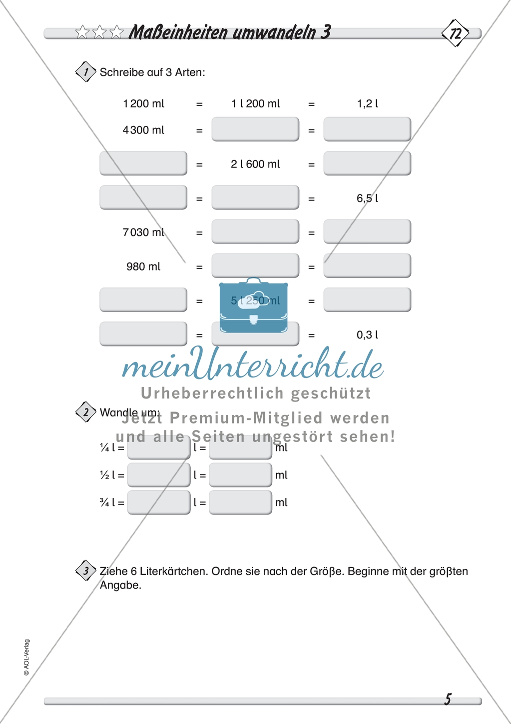 Messen und Größen: Hohlmaße - Maßeinheiten umwandeln in drei Schwierigkeitsstufen Preview 3