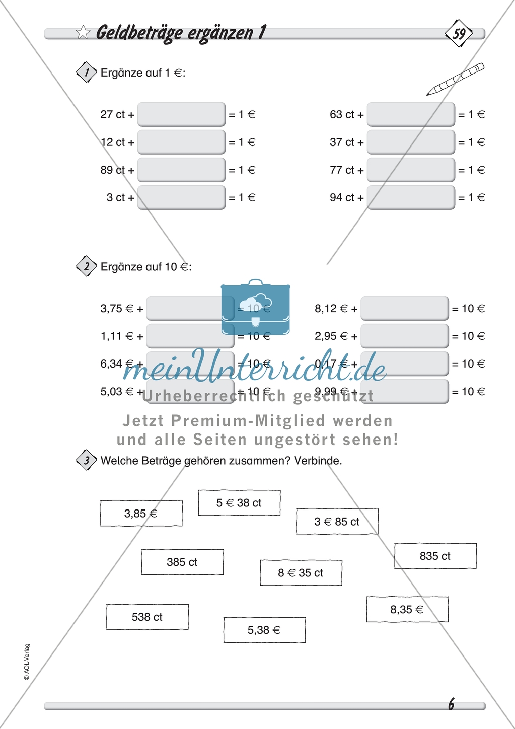 Messen und Größen: Geld - Geldbeträge ergänzen in drei Schwierigkeitsstufen Preview 1