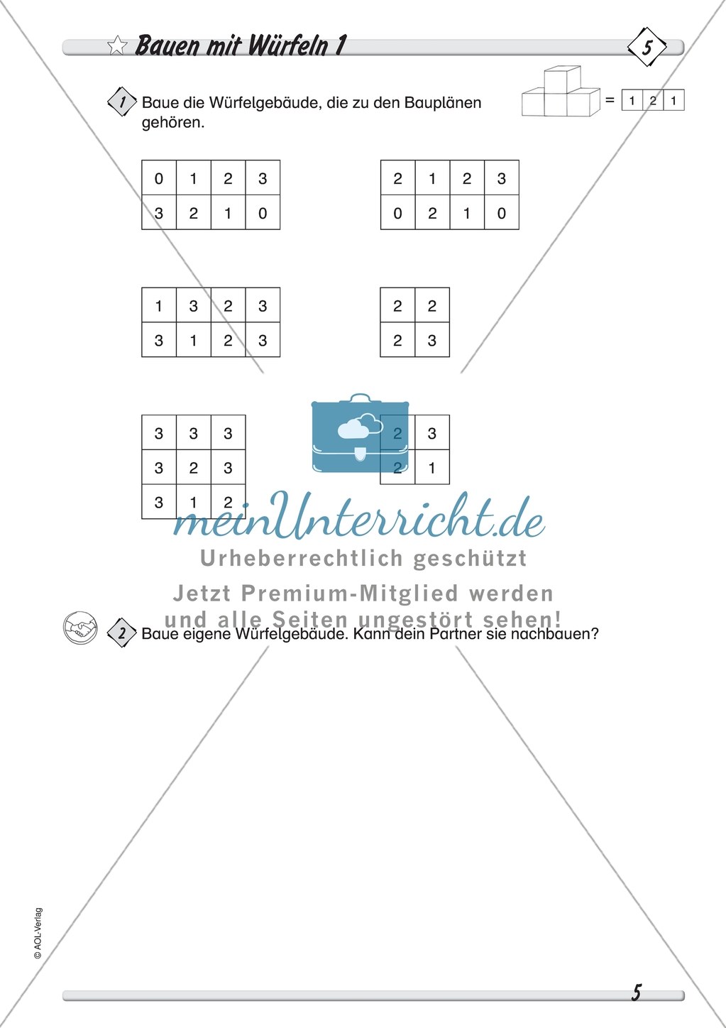Geometrie: Geometrische Körper - Baupläne zu Würfelgebäuden in drei Schwierigkeitsstufen + Lösungen Preview 1