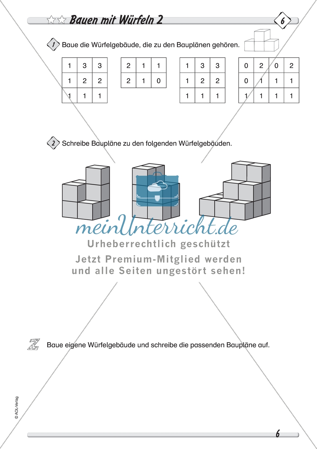 Geometrie: Geometrische Körper - Baupläne zu Würfelgebäuden in drei Schwierigkeitsstufen + Lösungen Preview 2