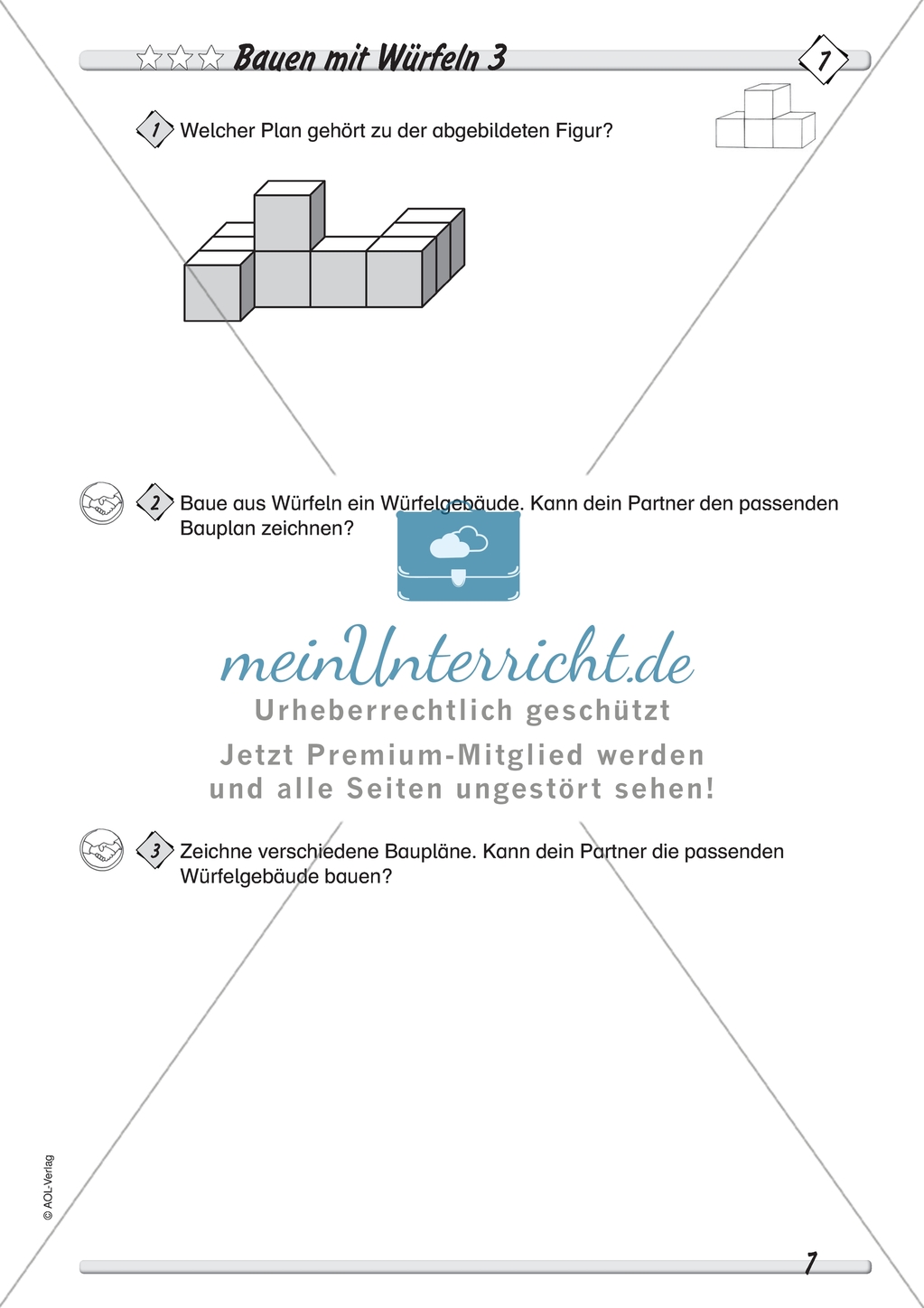 Geometrie: Geometrische Körper - Baupläne zu Würfelgebäuden in drei Schwierigkeitsstufen + Lösungen Preview 3