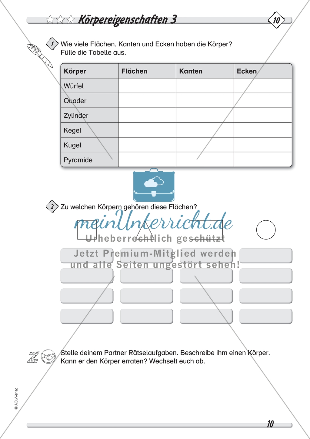 Geometrie: Geometrische Körper - Eigenschaften verschiedener geometrischer Körper in drei Schwierigkeitsstufen Preview 3