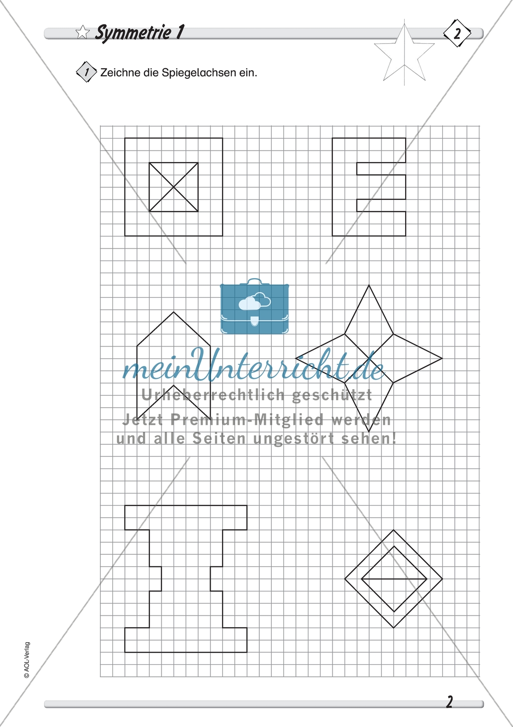 Symmetrie: Spiegelachsen in symmetrische Figuren einzeichnen und Spiegelbilder zeichnen. Mit Lösung. Preview 1