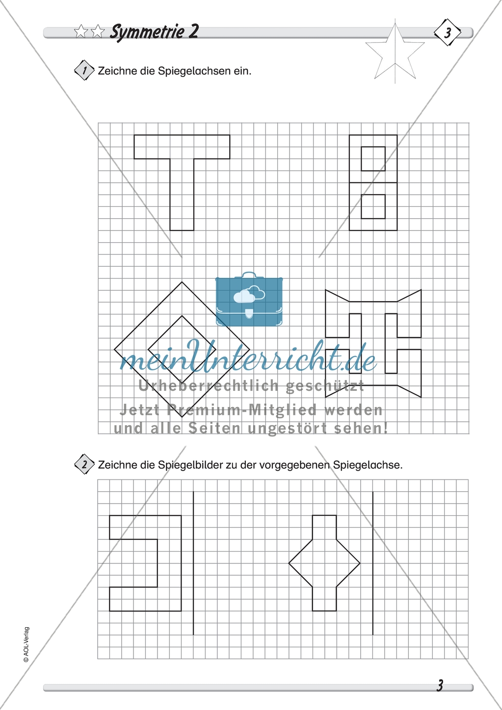 Symmetrie: Spiegelachsen in symmetrische Figuren einzeichnen und Spiegelbilder zeichnen. Mit Lösung. Preview 2