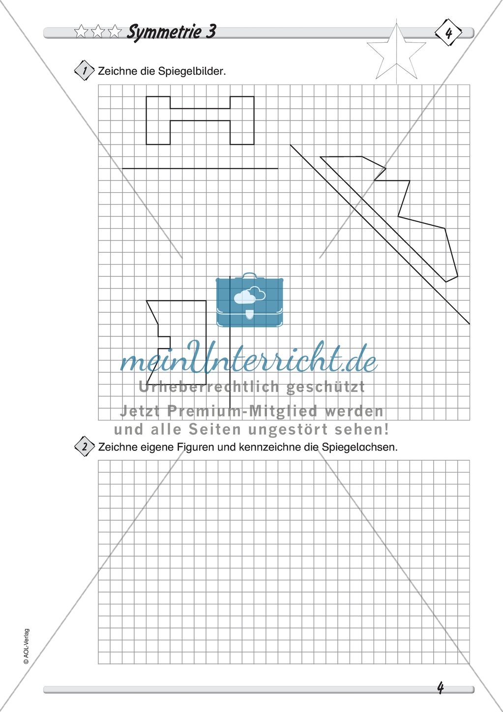 Symmetrie: Spiegelachsen in symmetrische Figuren einzeichnen und Spiegelbilder zeichnen. Mit Lösung. Preview 3