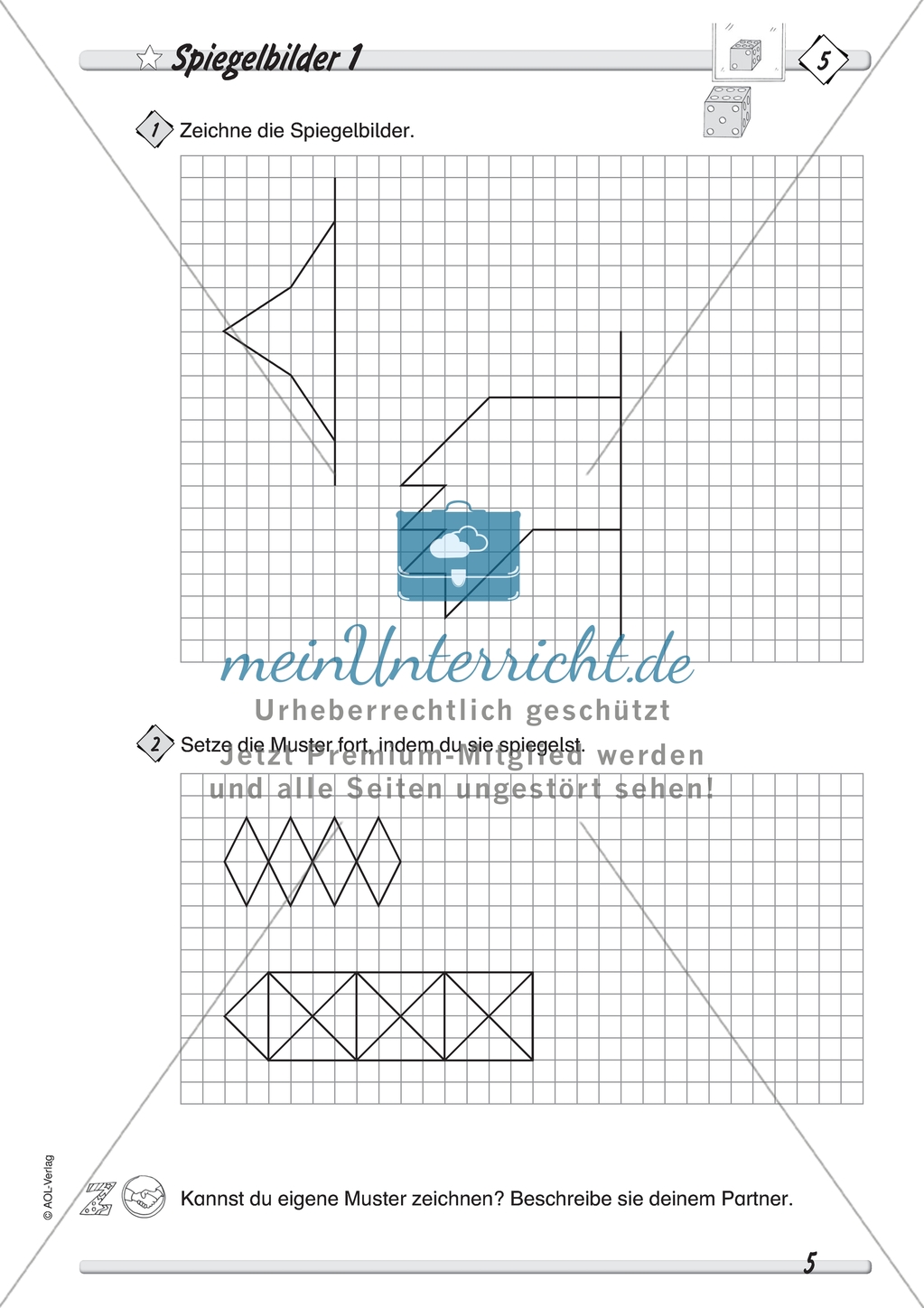 Symmetrie: Spiegelbilder vervollständigen, symmetrische Figuren entwerfen und Figuren an mehreren Achsen spiegeln.Mit Lösung. Preview 1