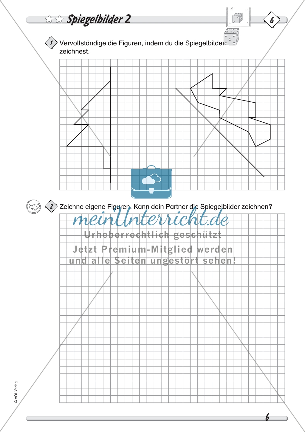 Symmetrie: Spiegelbilder vervollständigen, symmetrische Figuren entwerfen und Figuren an mehreren Achsen spiegeln.Mit Lösung. Preview 2