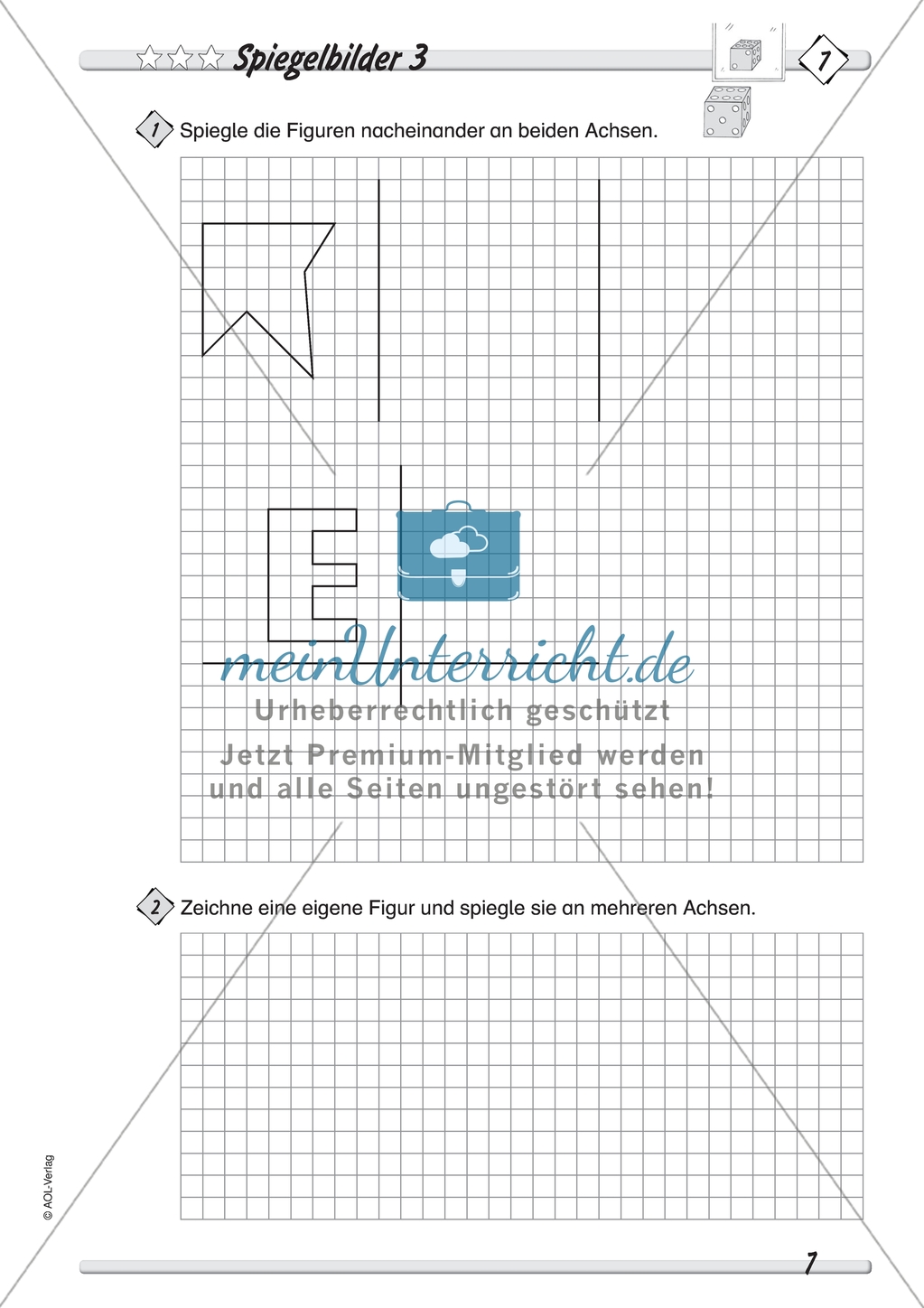 Symmetrie: Spiegelbilder vervollständigen, symmetrische Figuren entwerfen und Figuren an mehreren Achsen spiegeln.Mit Lösung. Preview 3