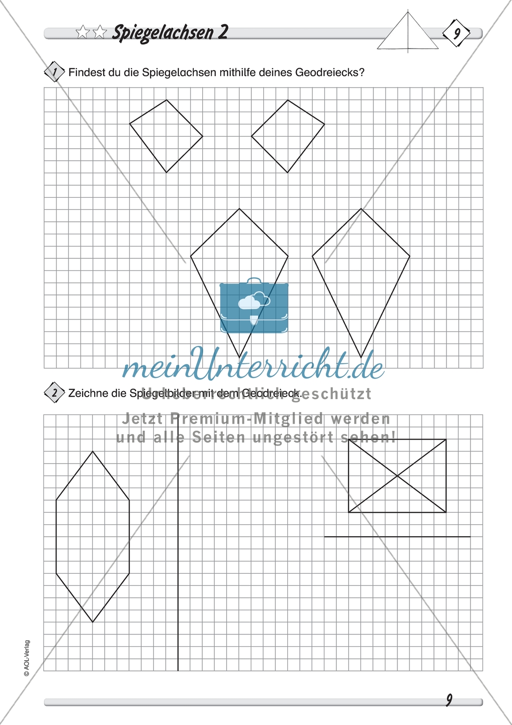 Symmetrie: Spiegelachsen durch Falten und mit dem Geodreieck ermitteln und Spiegelbilder zeichnen. Mit Lösung. Preview 2