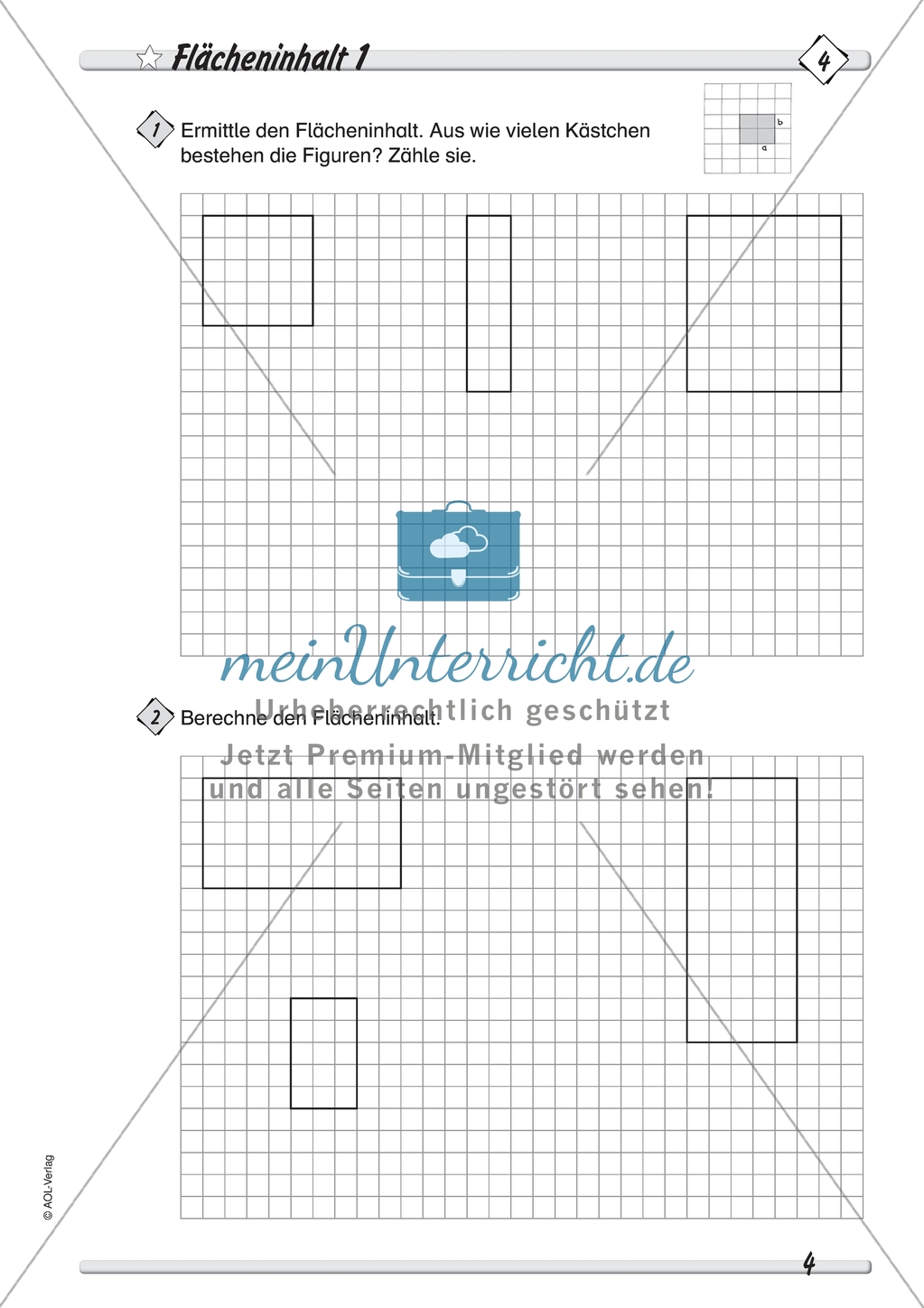 Den Flächeninhalt von Rechtecken durch Zählen von Rechenkästchen ermitteln und Figuren in passende Rechtecke unterteilen Preview 1