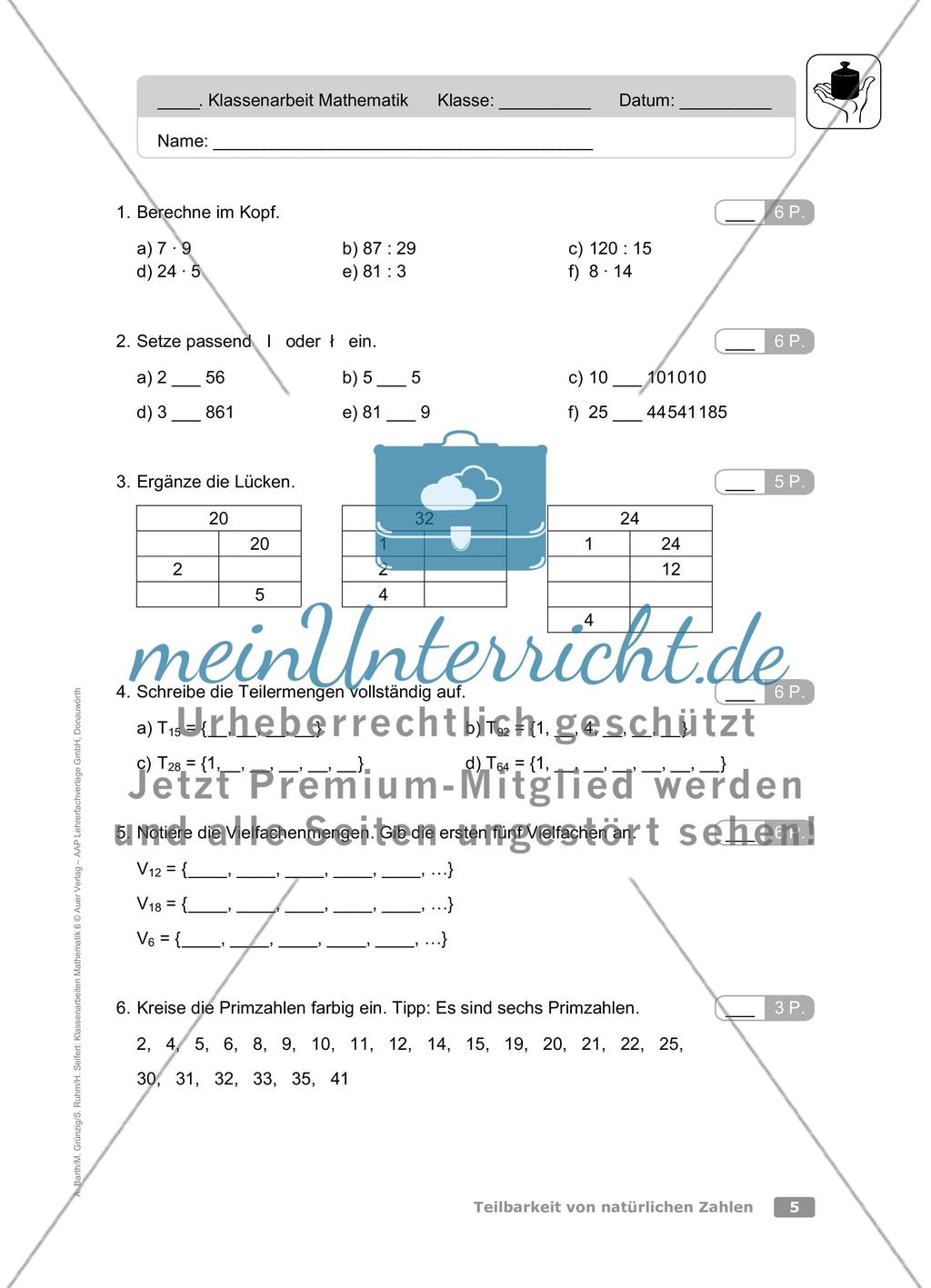 Teilbarkeit von natürlichen Zahlen: Klassenarbeit 1 (leicht) Preview 1
