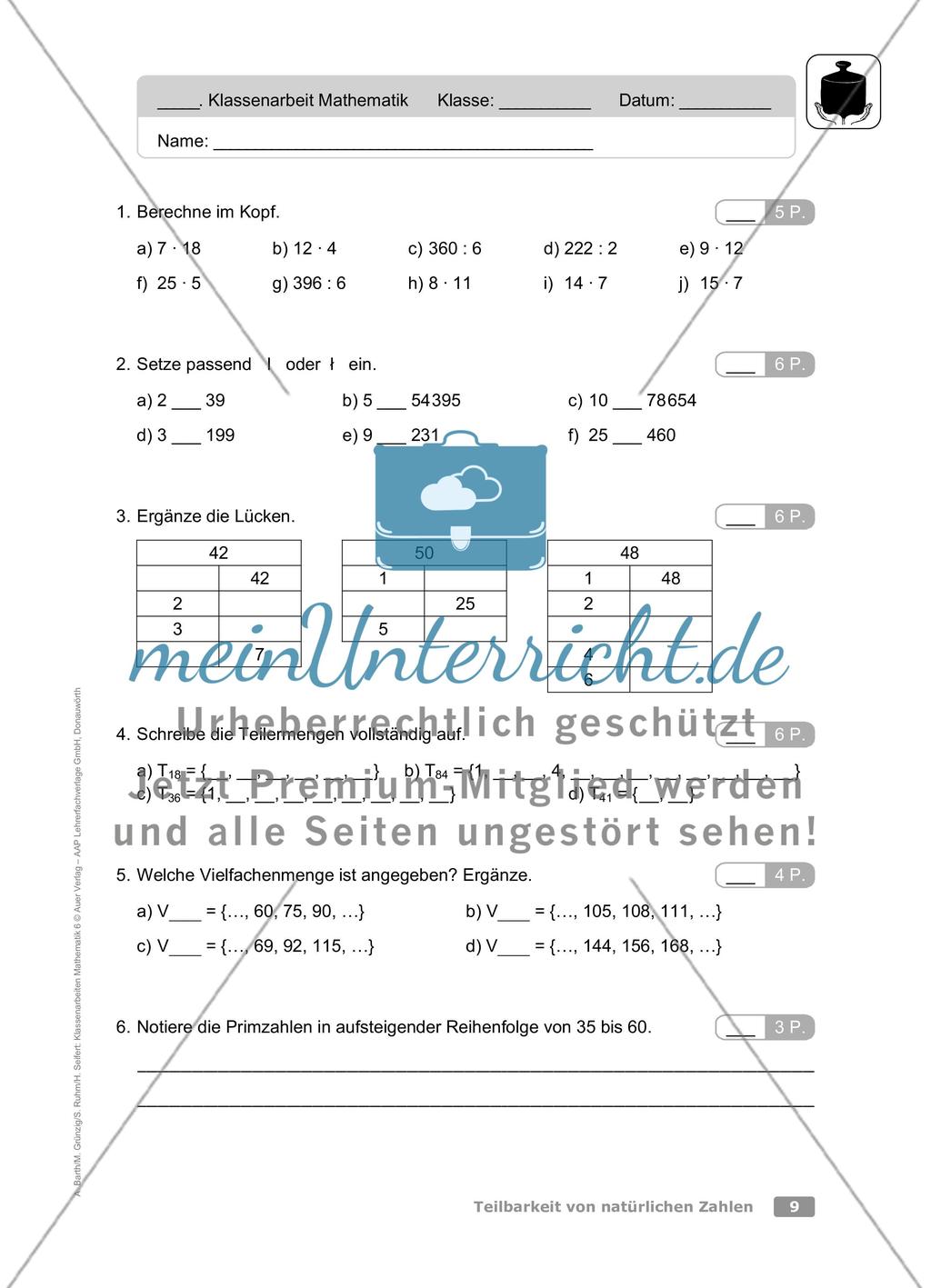 Teilbarkeit von natürlichen Zahlen: Klassenarbeit 1 (schwer) Preview 1