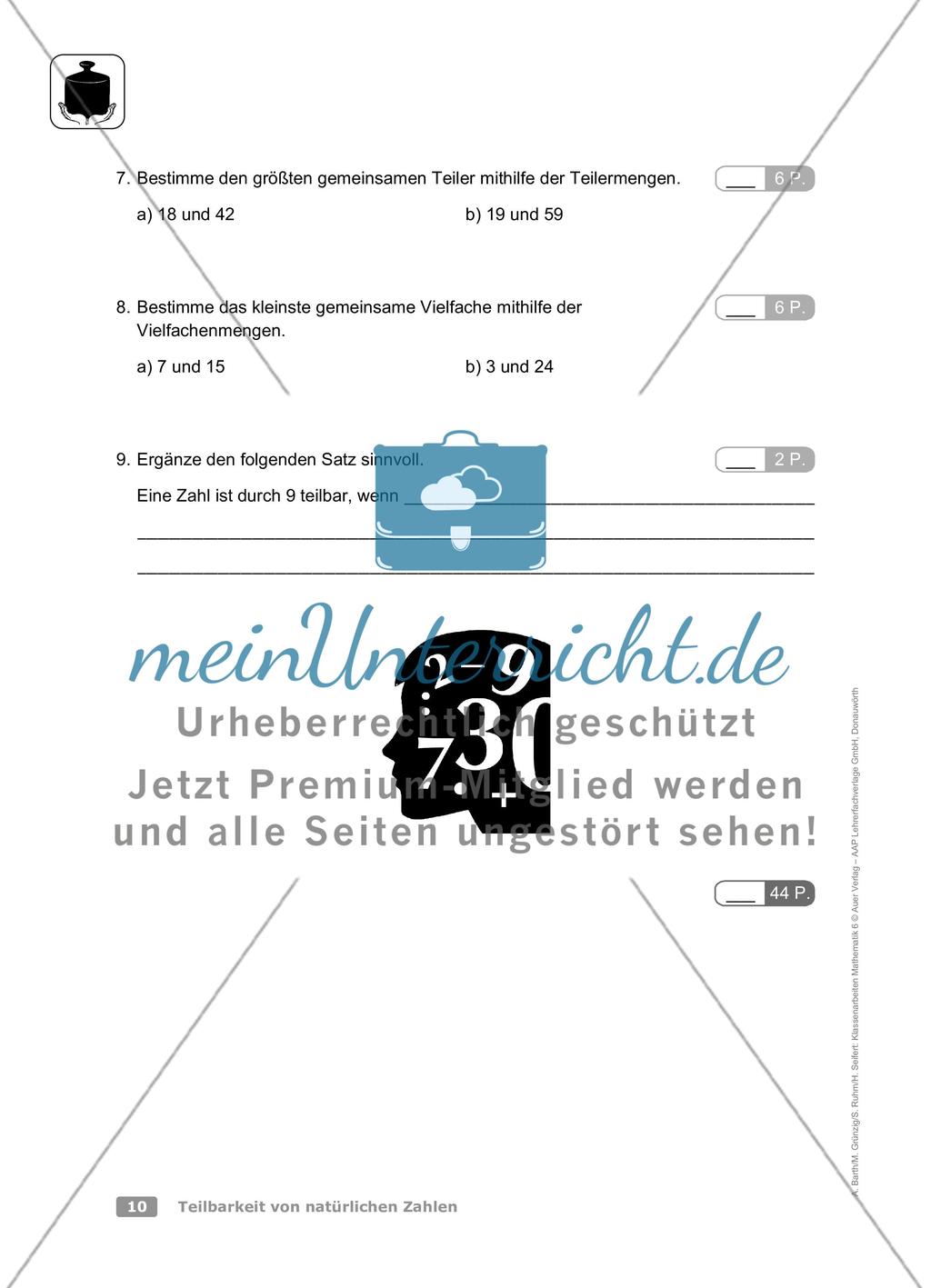 Teilbarkeit von natürlichen Zahlen: Klassenarbeit 1 (schwer) Preview 2