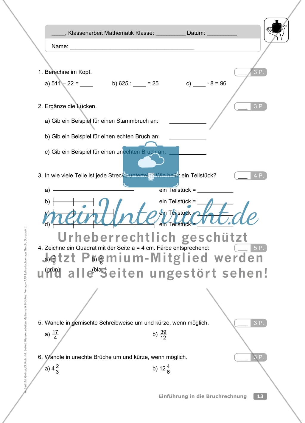 Einführung in die Bruchrechnung: Klassenarbeit 1 (leicht) Preview 1