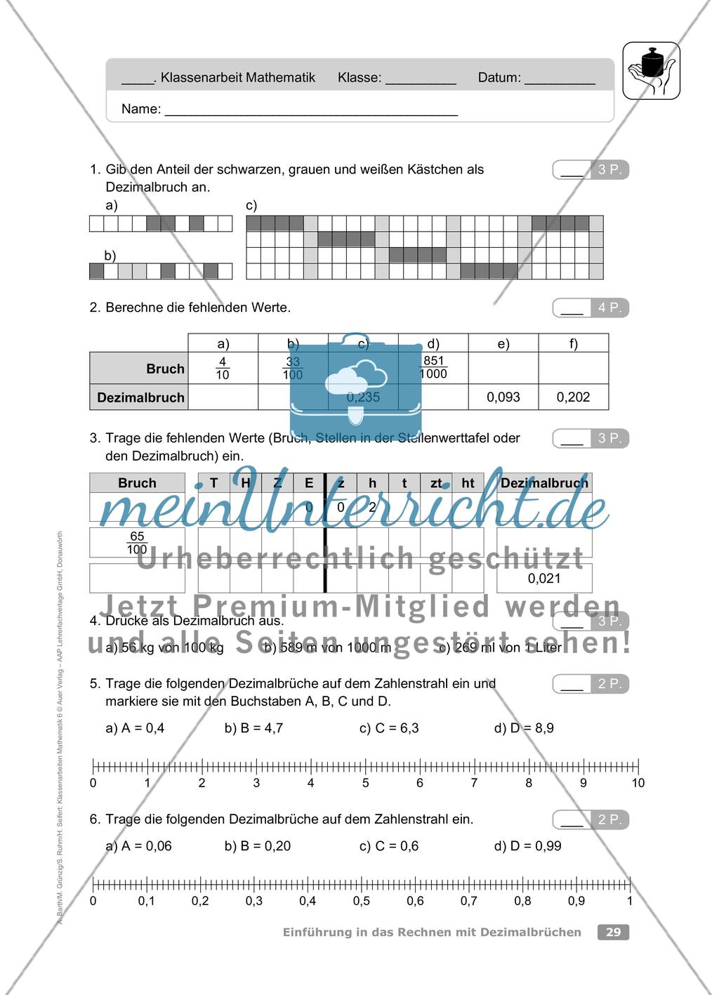Einführung in das Rechnen mit Dezimalbrüchen: Klassenarbeit 1 (leicht) Preview 1