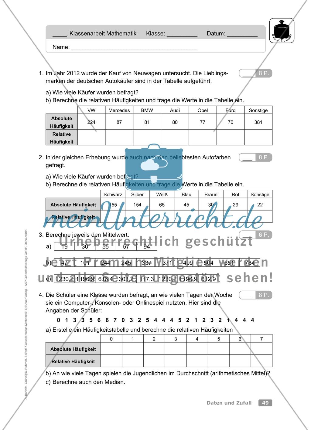 Daten und Zufall: Klassenarbeit 1 (schwer) Preview 1