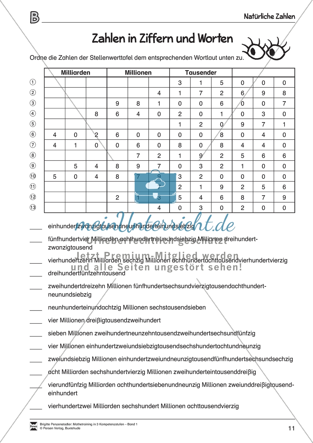 Zahldarstellungen - Zahlen aus der Stellenwerttafel den entsprechenden Ziffernschreibweisen und Zahlwörtern zuordnen Preview 2