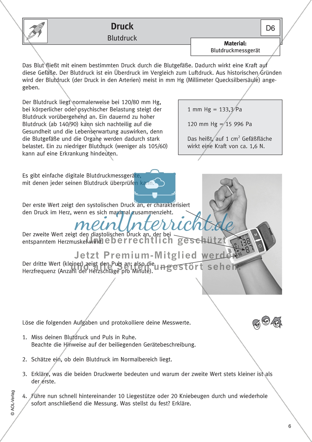 Blutdruck - Arbeitsblatt mit Aufgaben und Versuchen Preview 1