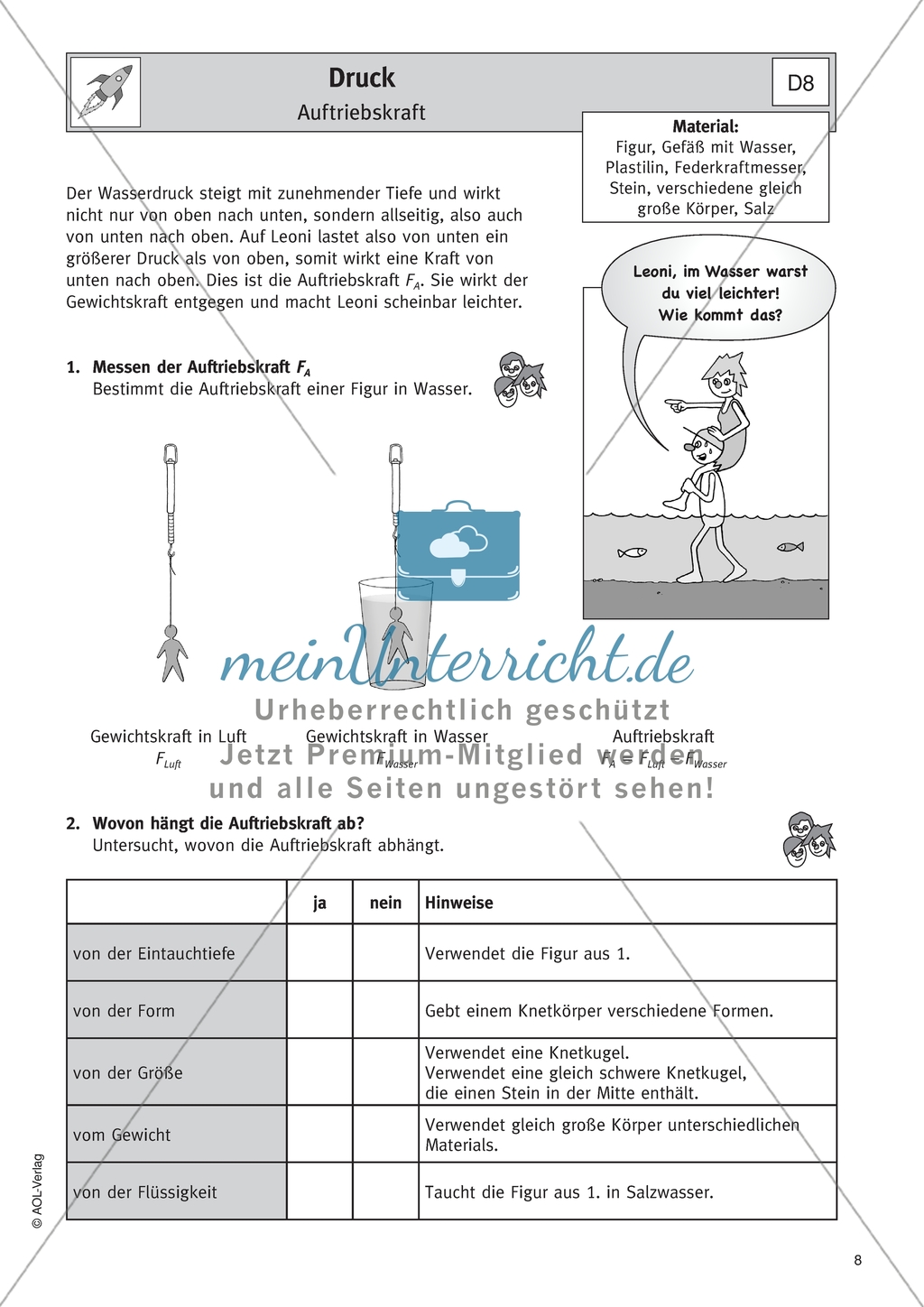 Auftriebskraft - Arbeitsblatt zum Messen der Auftriebskraft Preview 1