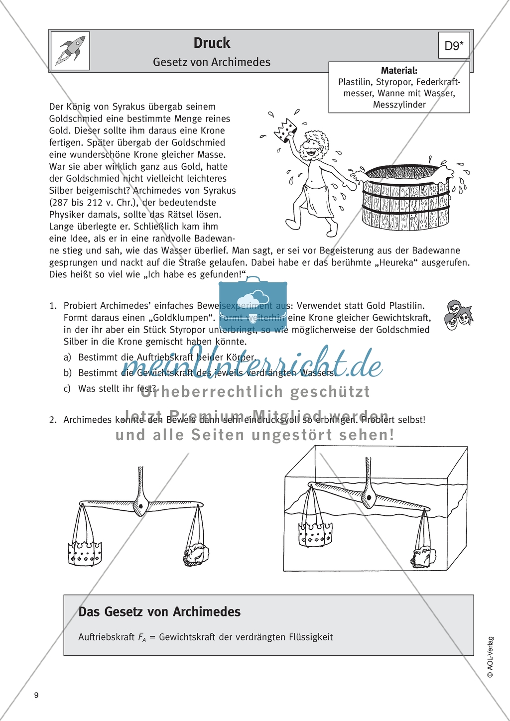Gesetz von Archimedes - Arbeitsblatt mit Geschichte und Aufgaben Preview 1
