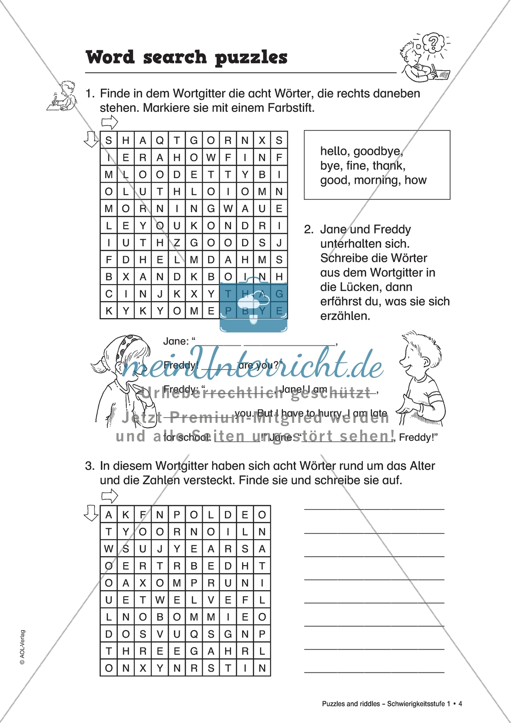 Word search puzzle: Vokabeln zum Begrüßen und Vorstellen, zum Alter und den Zahlen. Arbeitsmaterial mit Lösungen Preview 1