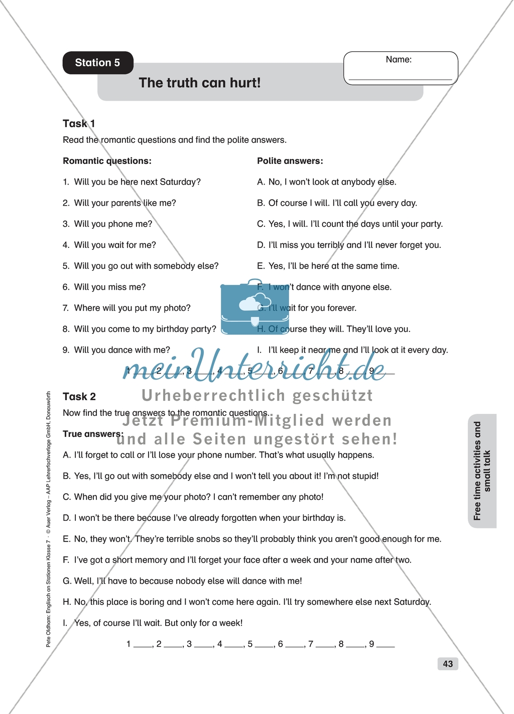 Free time activities and small talk: The truth can hurt! Worksheet and solution Preview 1