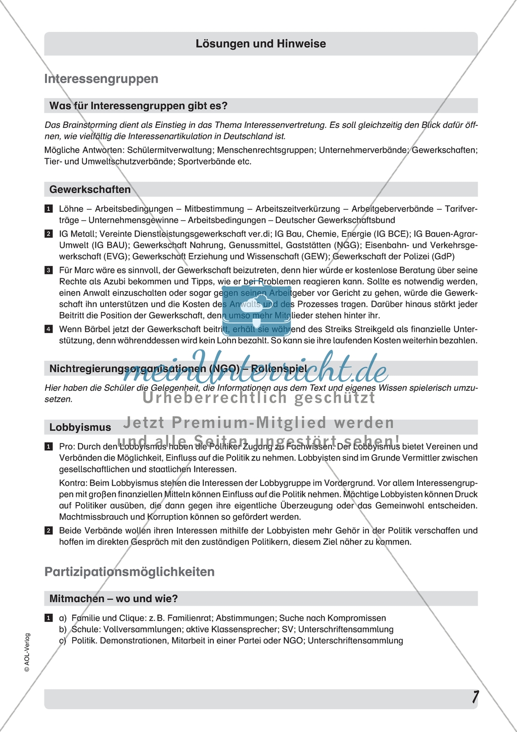 Interessengruppen: Gewerkschaften und NGOs. Arbeitsmaterial mit Erläuterungen Preview 4