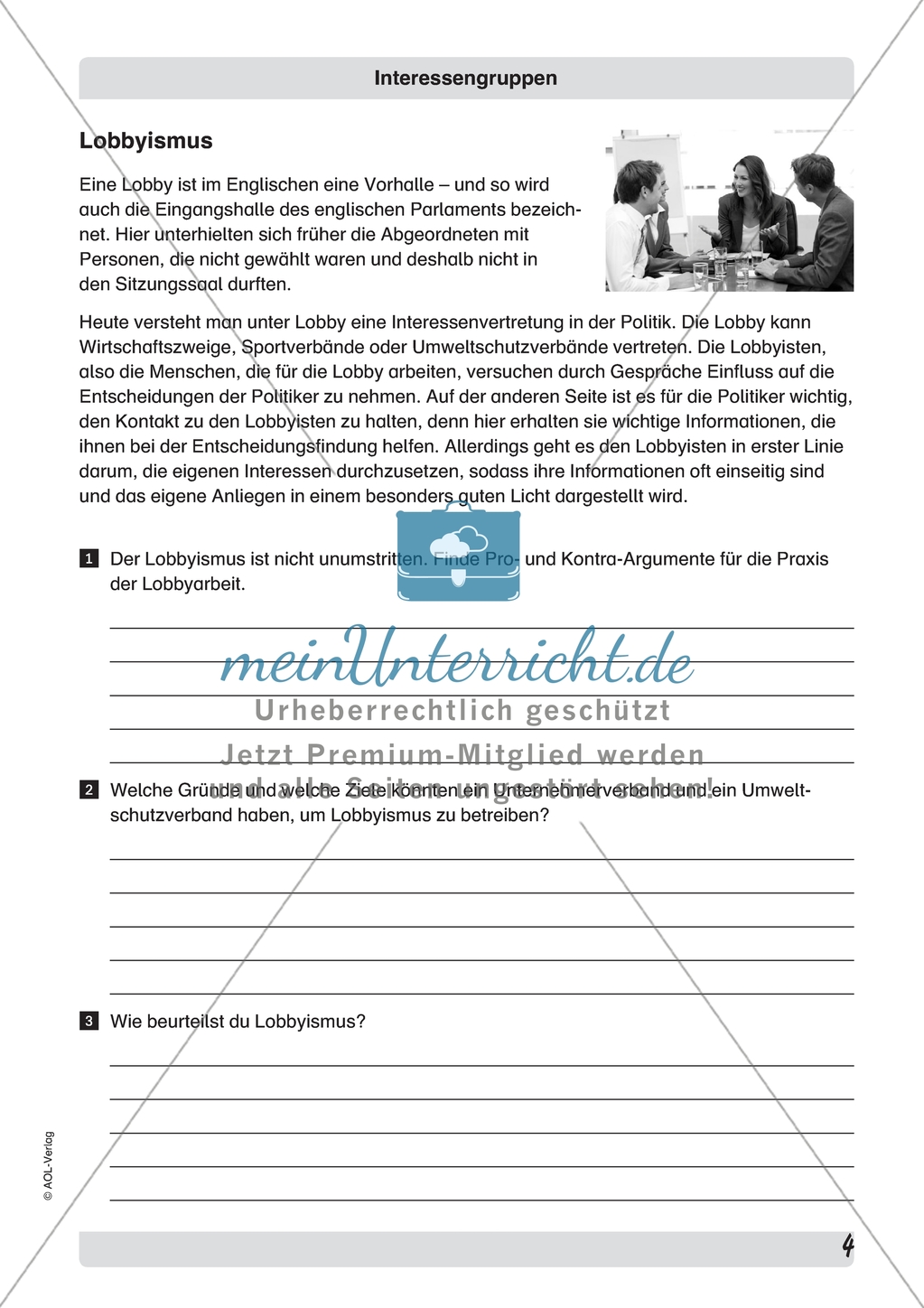Interessengruppen: Lobbyismus. Arbeitsmaterial mit Erläuterungen Preview 1