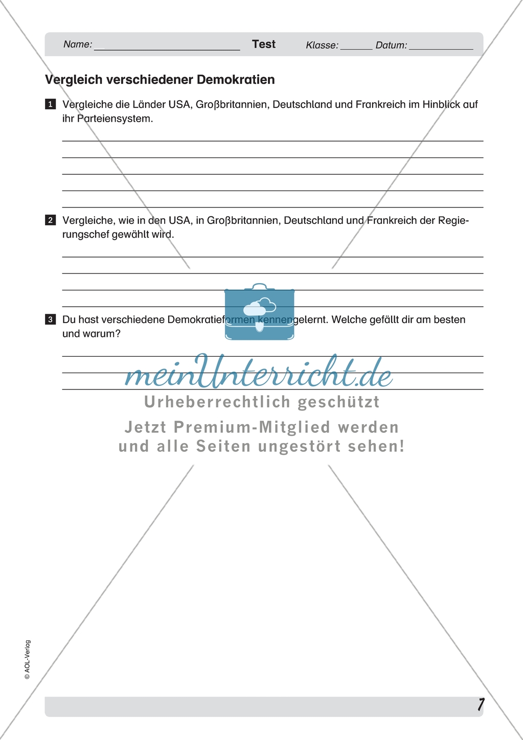 Lernerfolgskontrolle: Vergleich verschiedener Demokratien. Mit Lösungen Preview 1