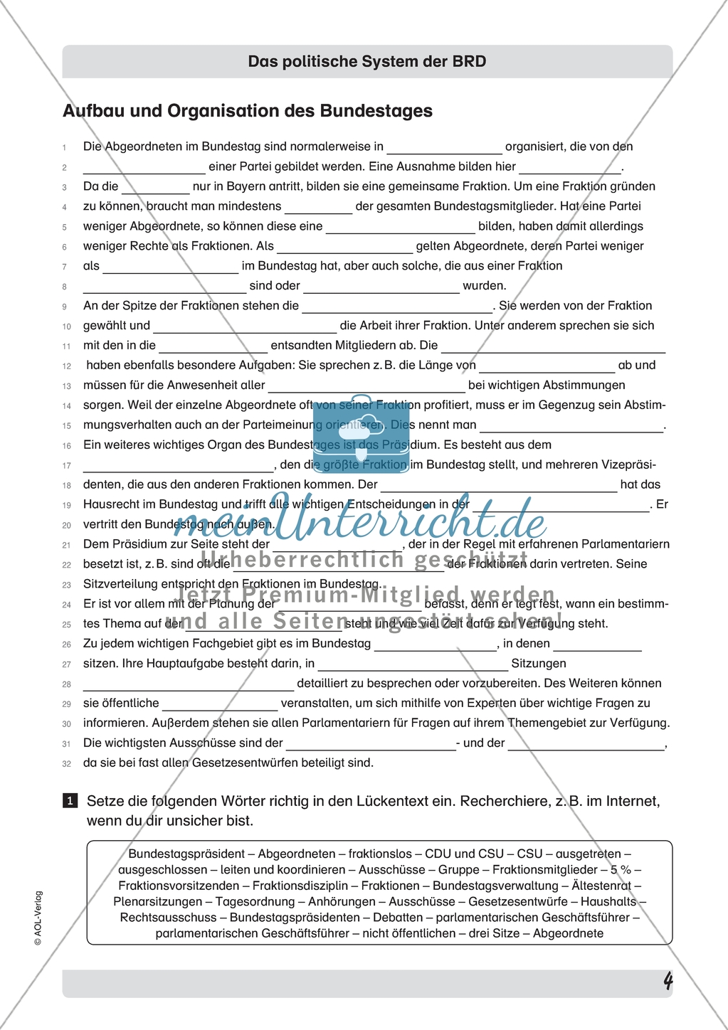Aufbau und Organisation des Bundestages: Arbeitsmaterial mit Erläuterungen Preview 1