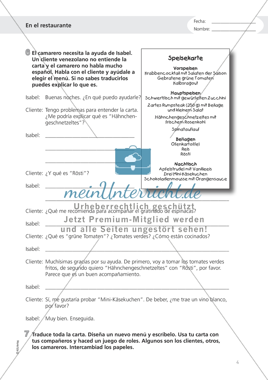 En el restaurante - Gerichte auf Spanisch erklären und eine Speisekarte übersetzen Preview 1