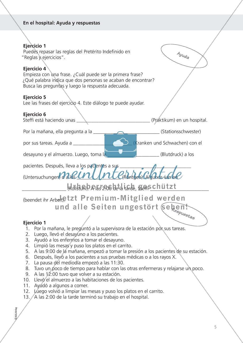 Beschreibung des Arbeitstages einer Krankenschwester im pretérito indefinido - Übungen mit Regeln, Hilfen und Lösung Preview 3