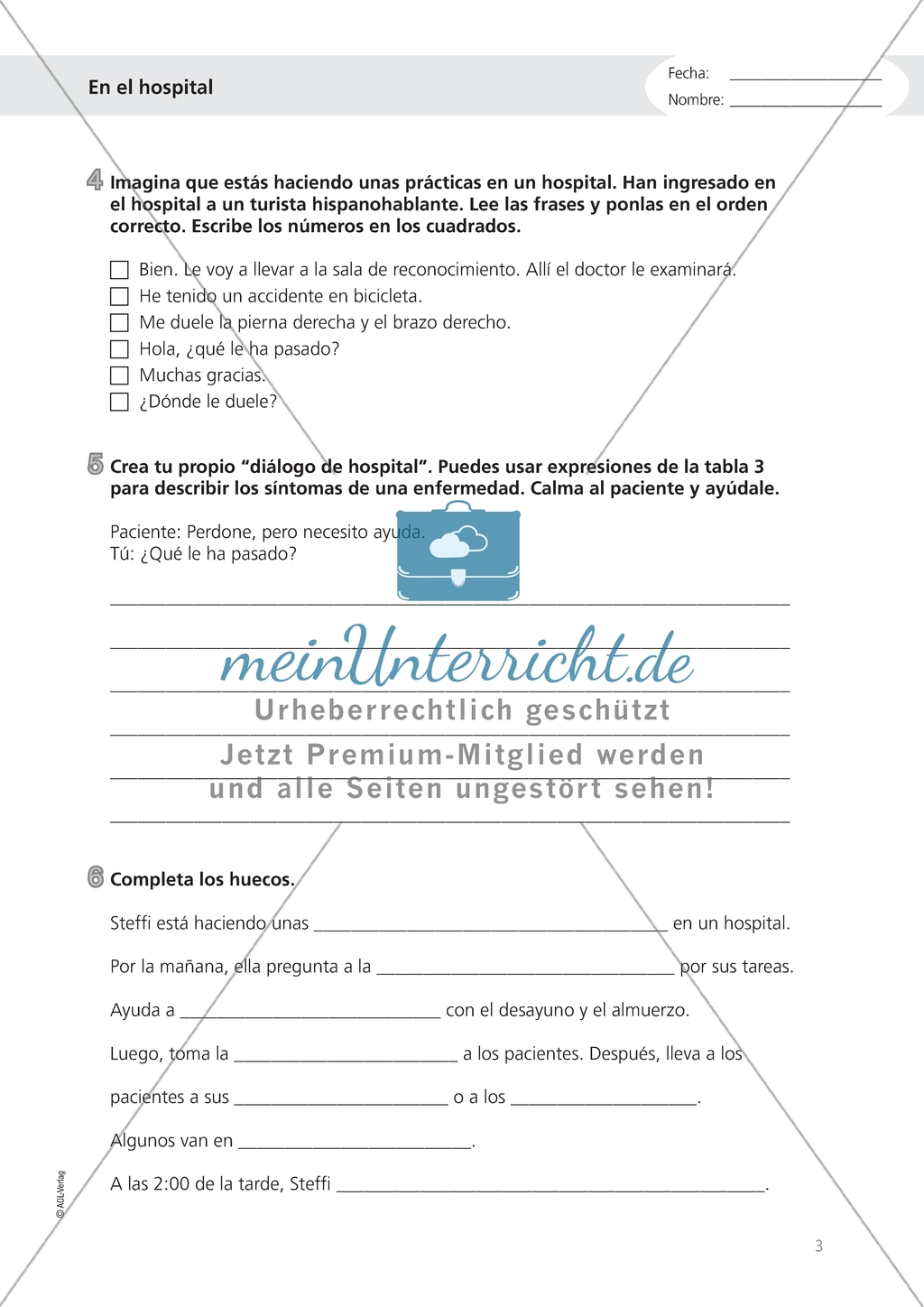 En el hospital - Übungen zum Alltag im Krankenhaus, Dialoge und Lückentext mit Hilfen und Lösungen Preview 1