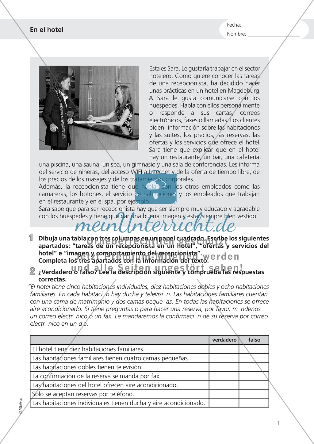 En el hotel - Beschreibung eines Hotels mithilfe von Leitfragen überprüfen Preview 1