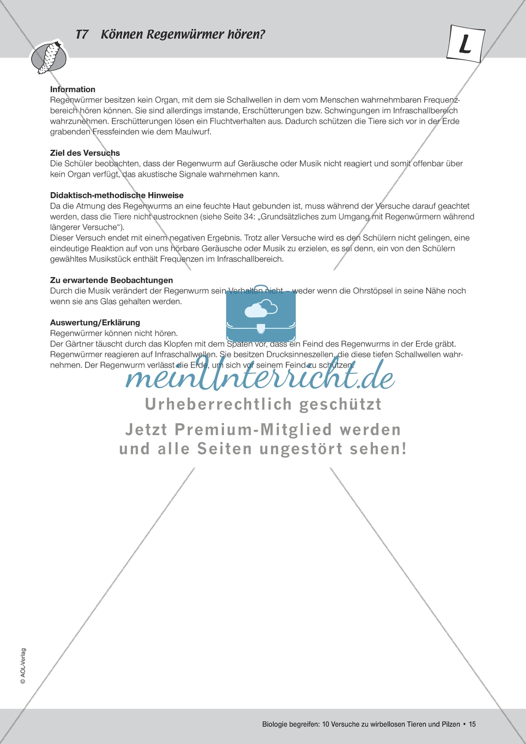 Wirbellose Tiere - Versuch zur akustischen Wahrnehmung von Regenwürmern Preview 1