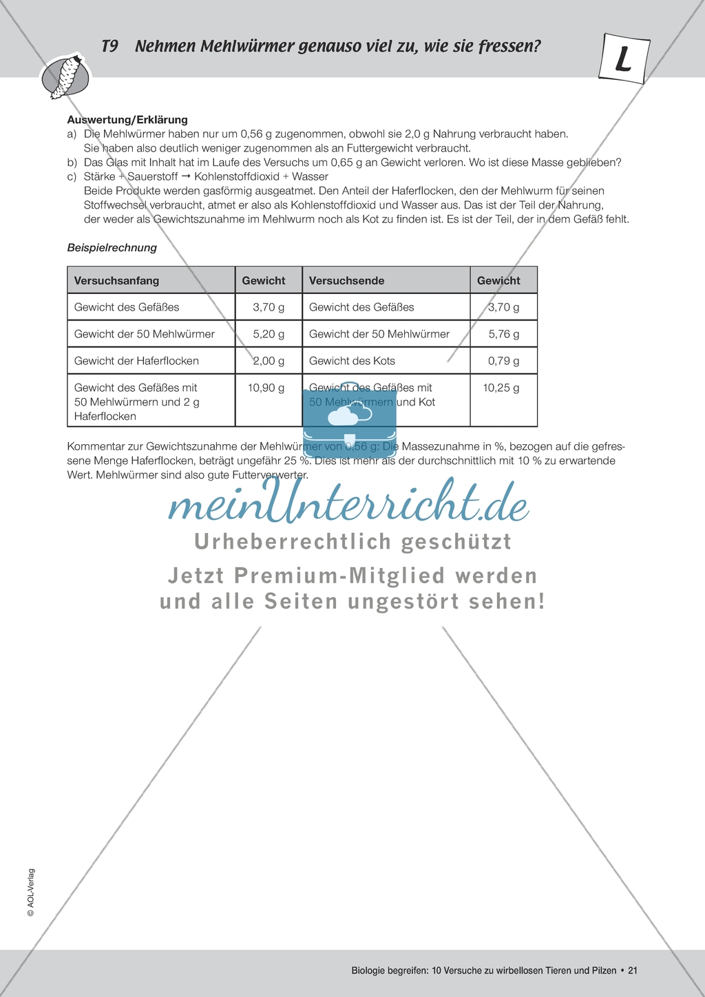 Wirbellose Tiere - Versuch zur Gewichtszunahme von Mehlwürmern Preview 2