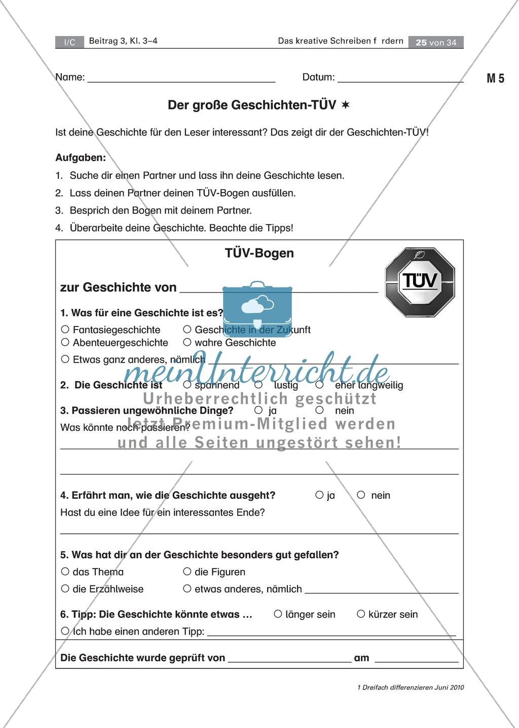 Kreatives Schreiben: Texte mithilfe des Geschichten-TÜVs (Partner-Feedback) überarbeiten (drei Differenzierungsstufen) Preview 1