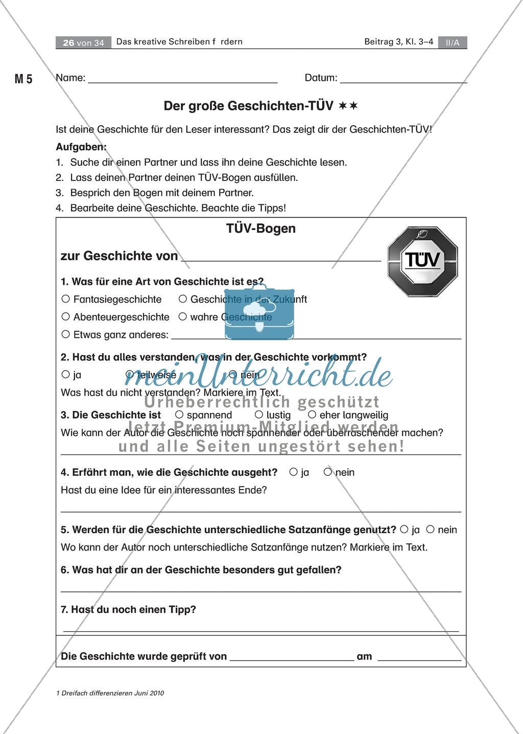 Kreatives Schreiben: Texte mithilfe des Geschichten-TÜVs (Partner-Feedback) überarbeiten (drei Differenzierungsstufen) Preview 2