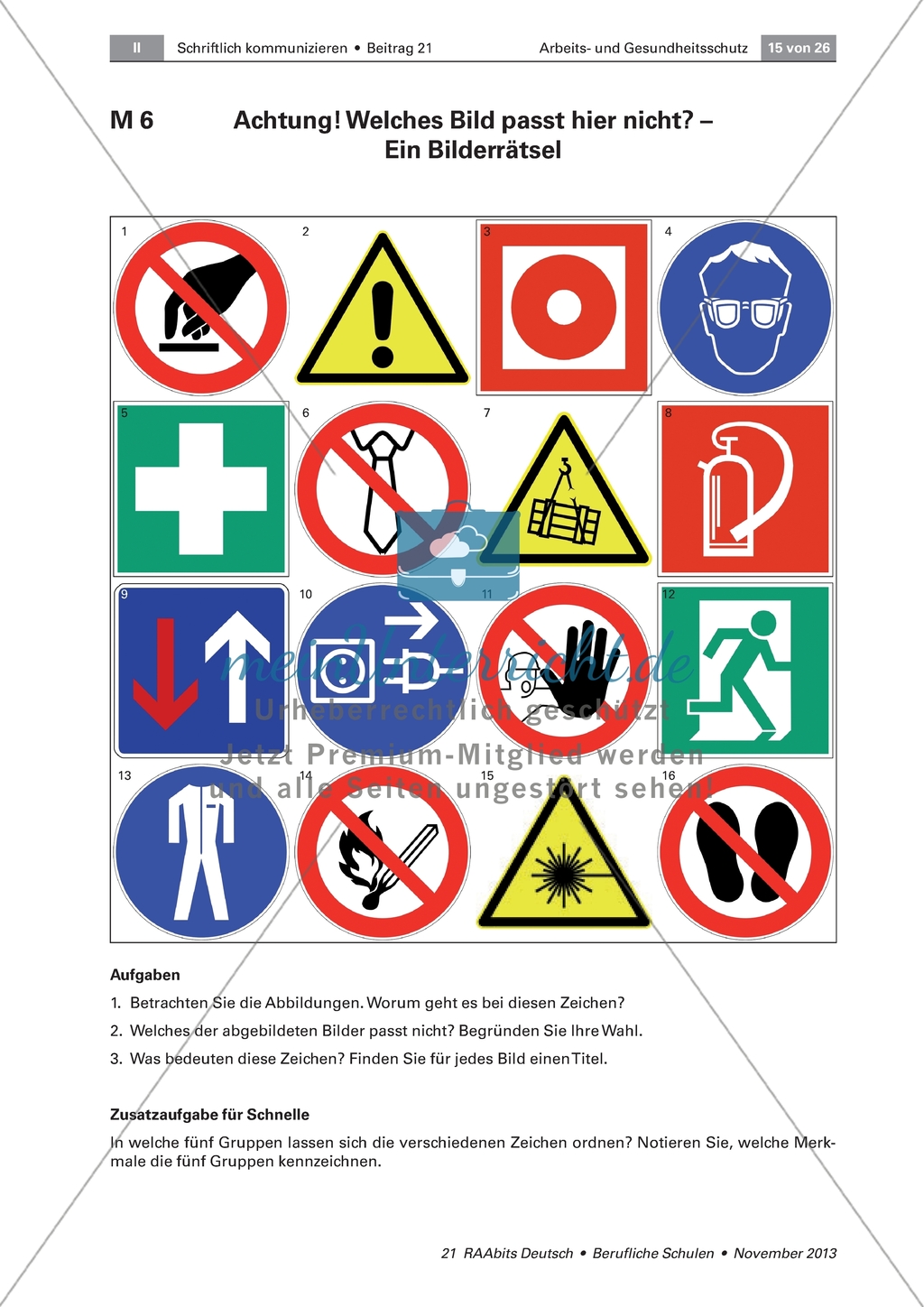 Arbeits- & Gesundheitsschutz: Symbole in der Sicherheitskennzeichnung mit Rätsel und Merkblatt zu den Zeichen Preview 1