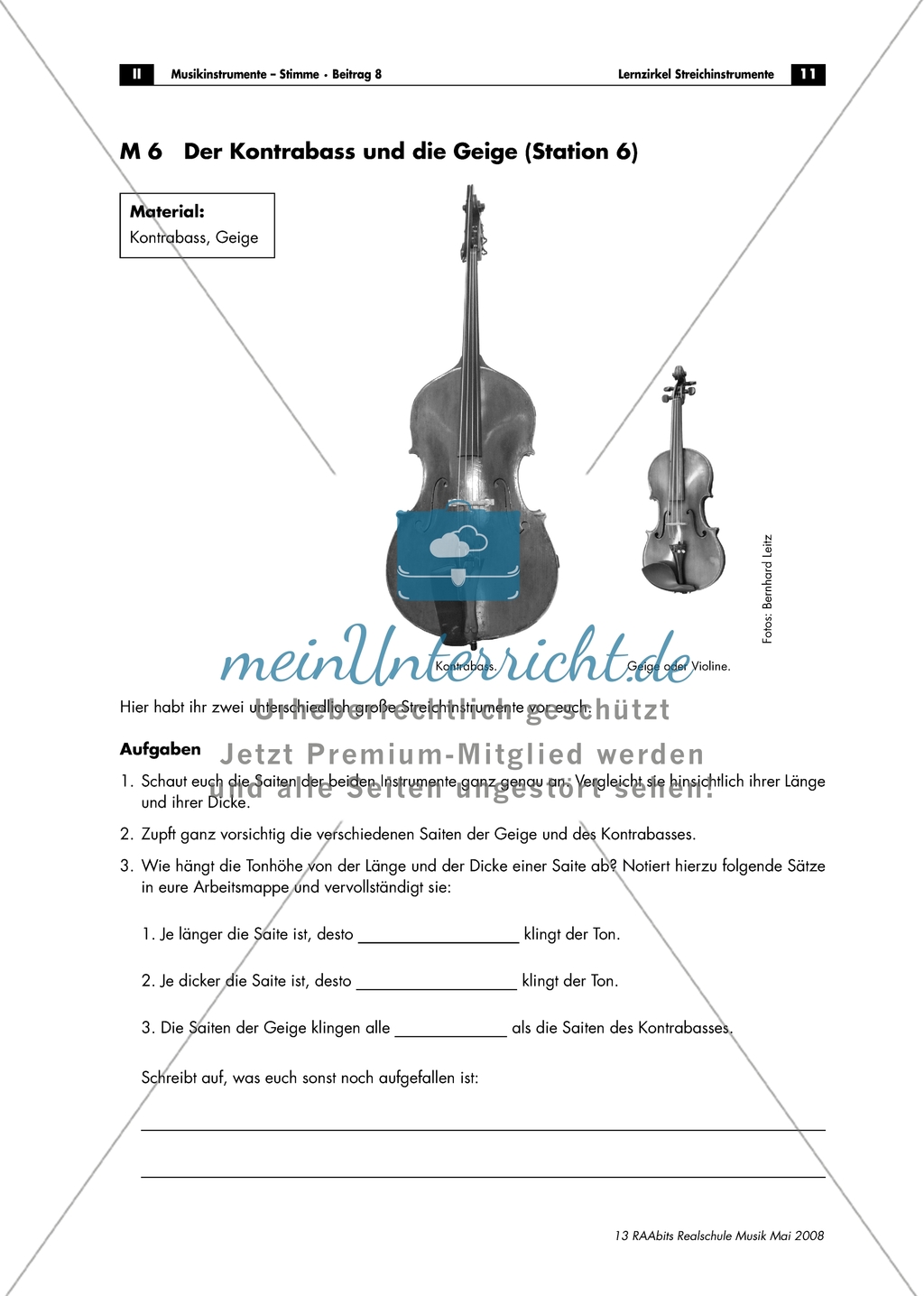 Kontrabass und Geige - Arbeitsblatt mit Aufgaben zum Vergleichen der Saiten und zur Entstehung von verschiedenen Tonhöhen Preview 1