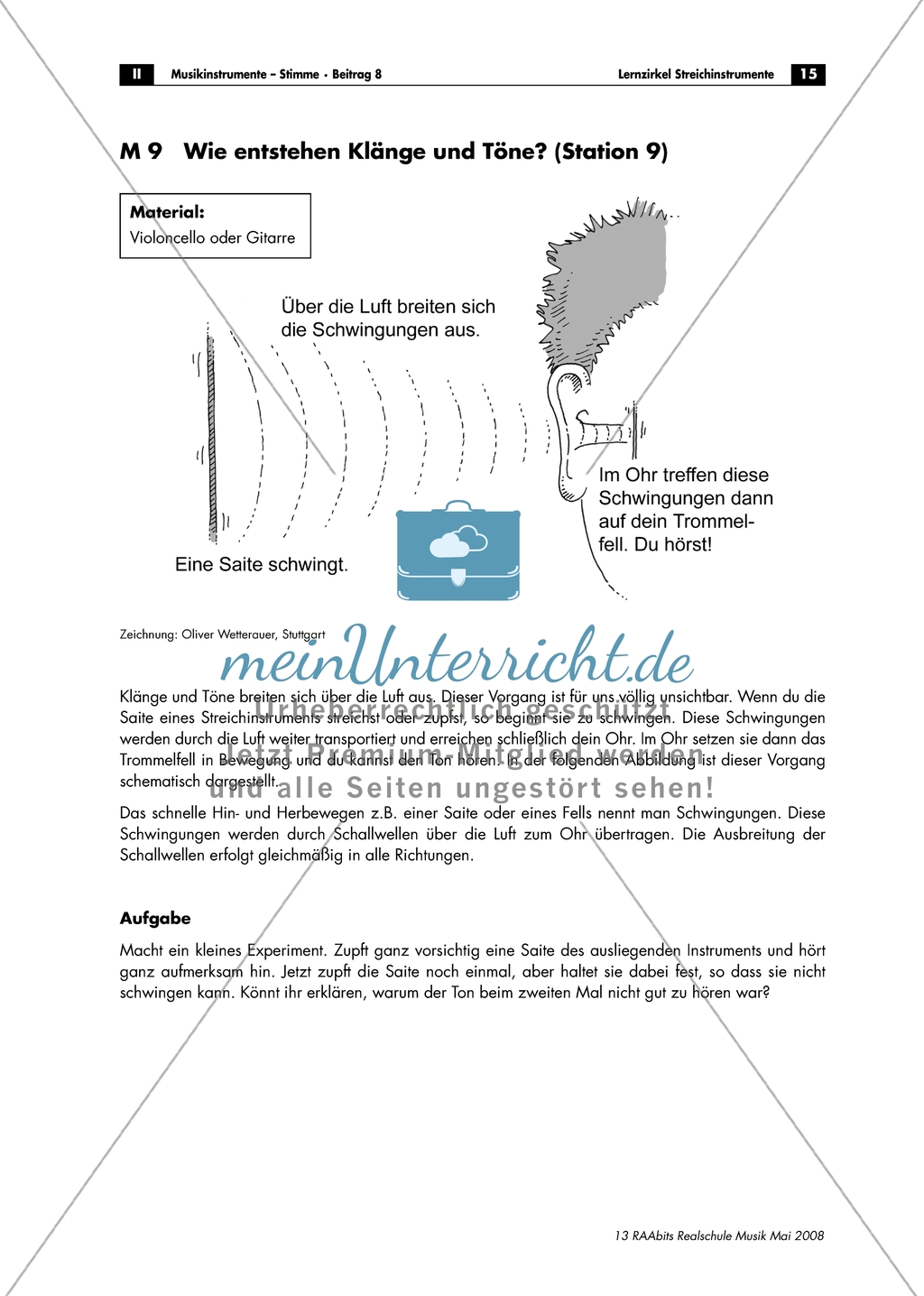 Entstehen von Klängen und Tönen - Arbeitsblatt mit Abbildung, Infotext, Experiment mit einem Cello oder Gitarre und Aufgabe Preview 1