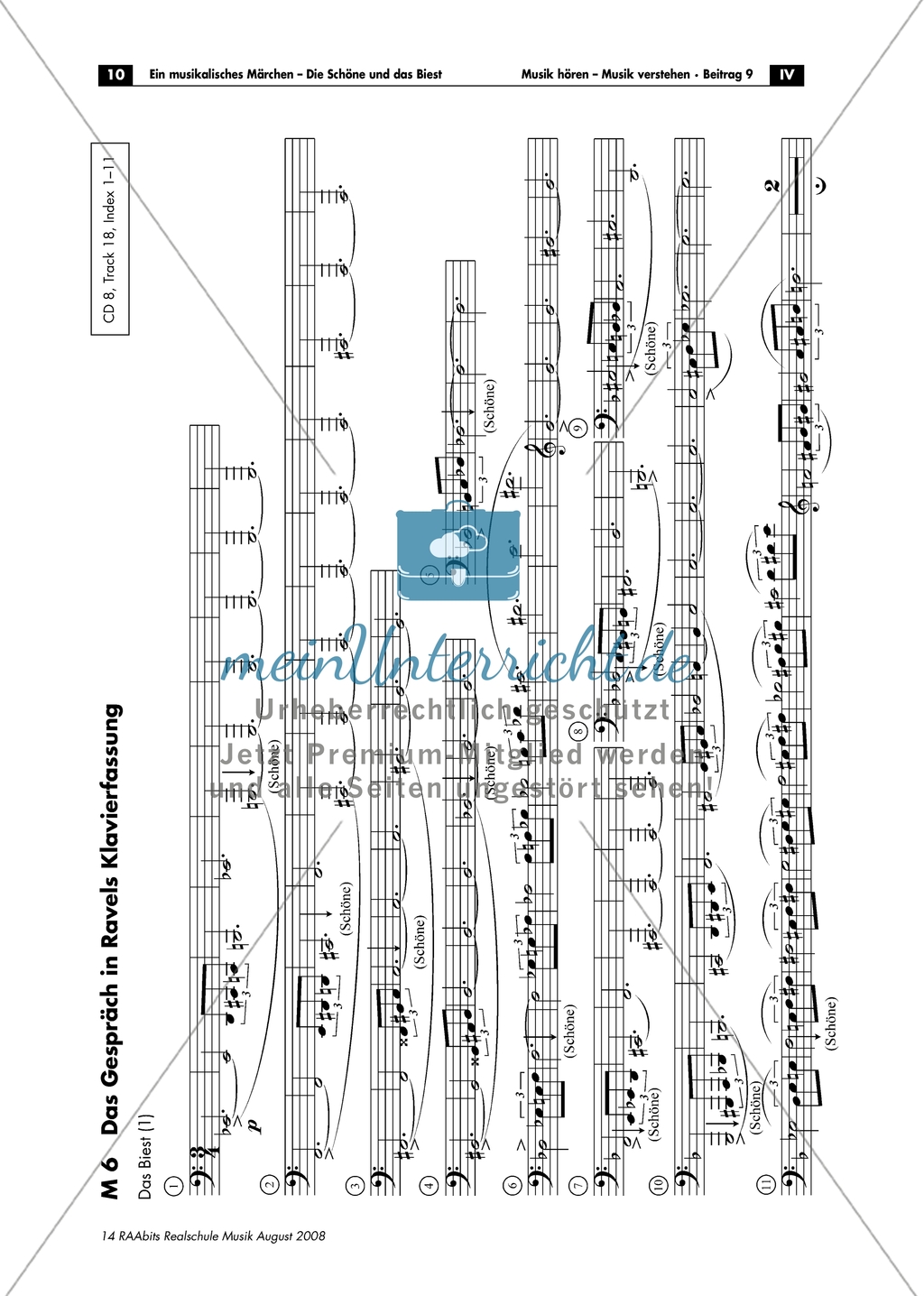Ravel'sche Notenfassung des Gesprächs zwischen der Schönen und dem Biest mit didaktischen Hinweisen. Preview 1
