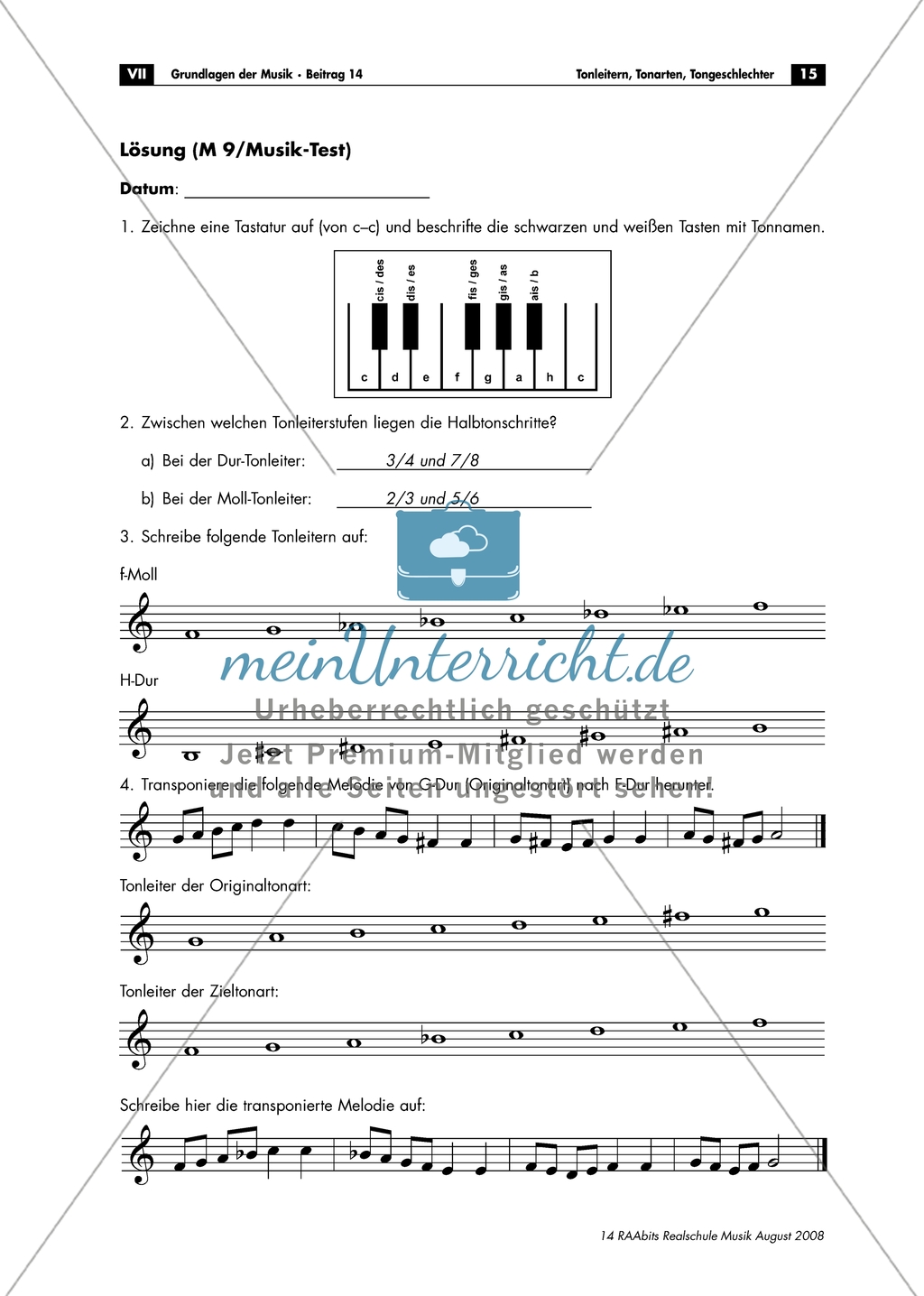 Musiktest mit Aufgaben zum Thema Tonleitern, Tonarten und Tongeschlechtern und Lösungen Preview 2