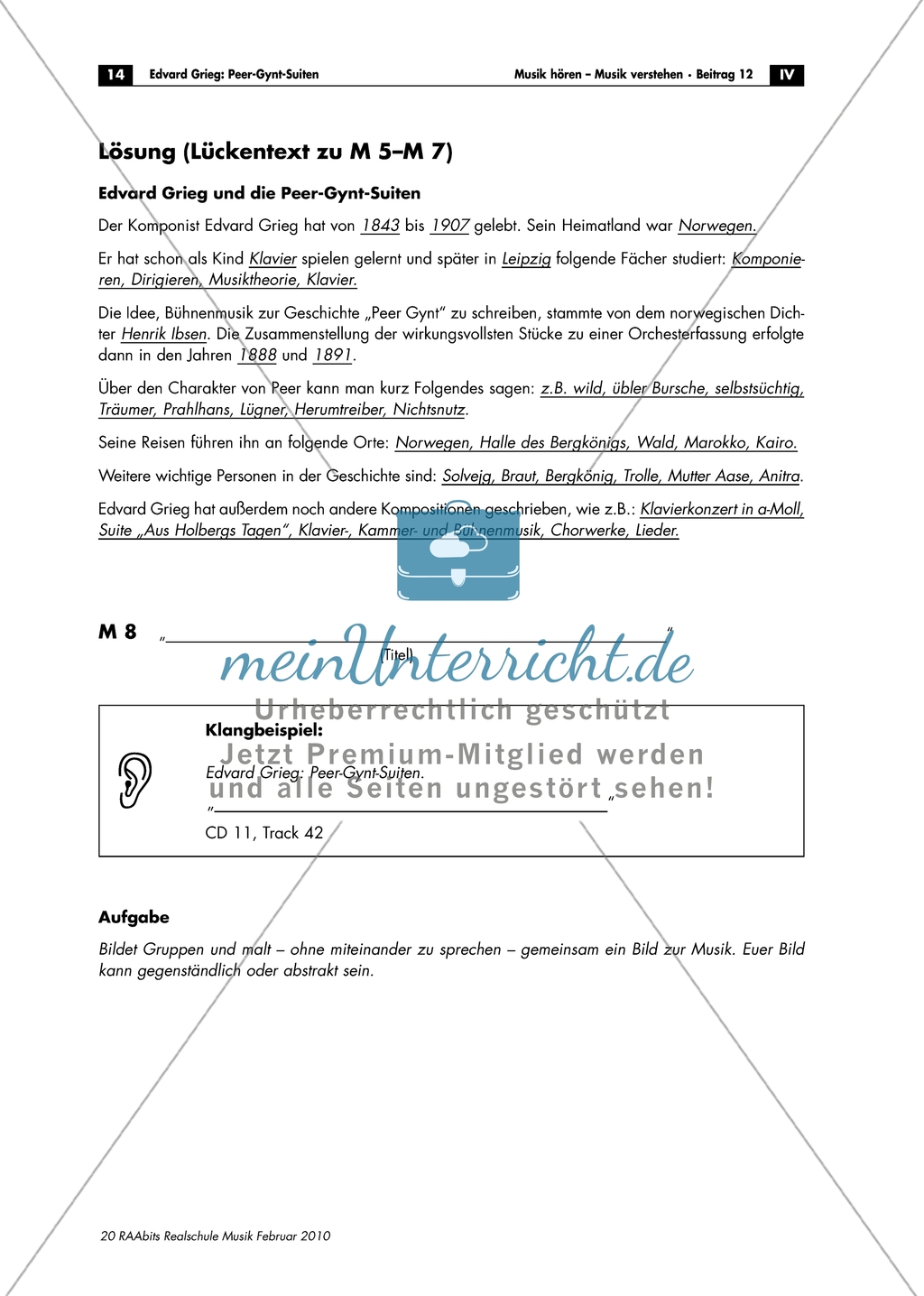Edvard Grieg - Arbeitsblatt mit Lückentext zu seinem Leben und den
