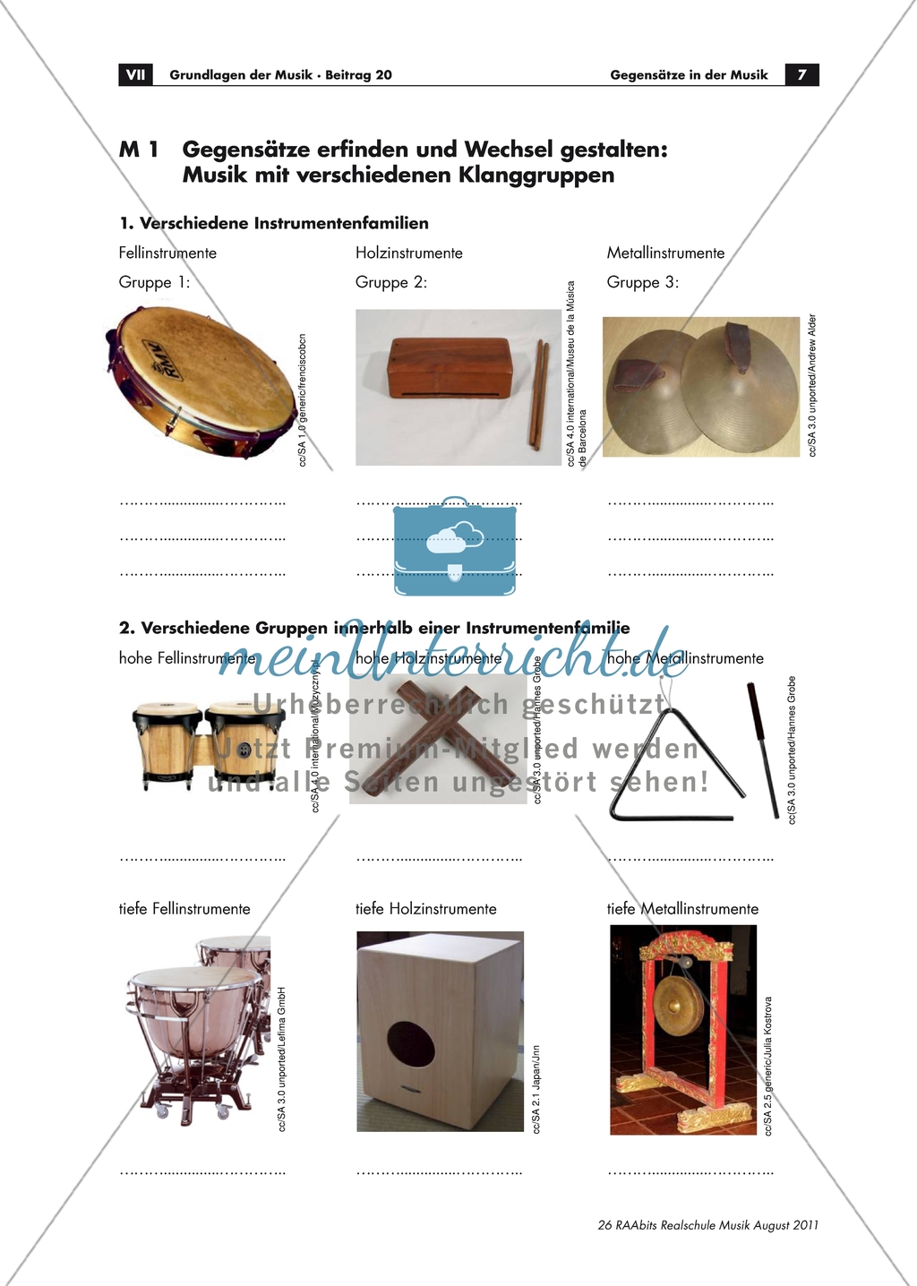 Musik mit verschiedenen Klanggruppen - Arbeitsblätter mit verschiedenen Instrumentenfamilien, Gestaltungsideen und Aufgaben Preview 1
